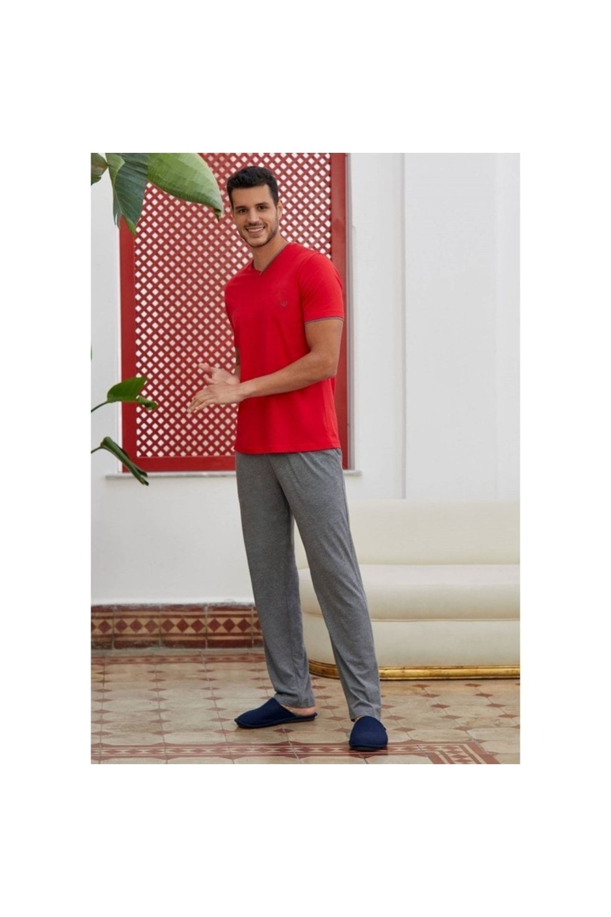Eros Pijama Pamuklu Uzun Kollu Erkek Pijama Takımı Kırmızı