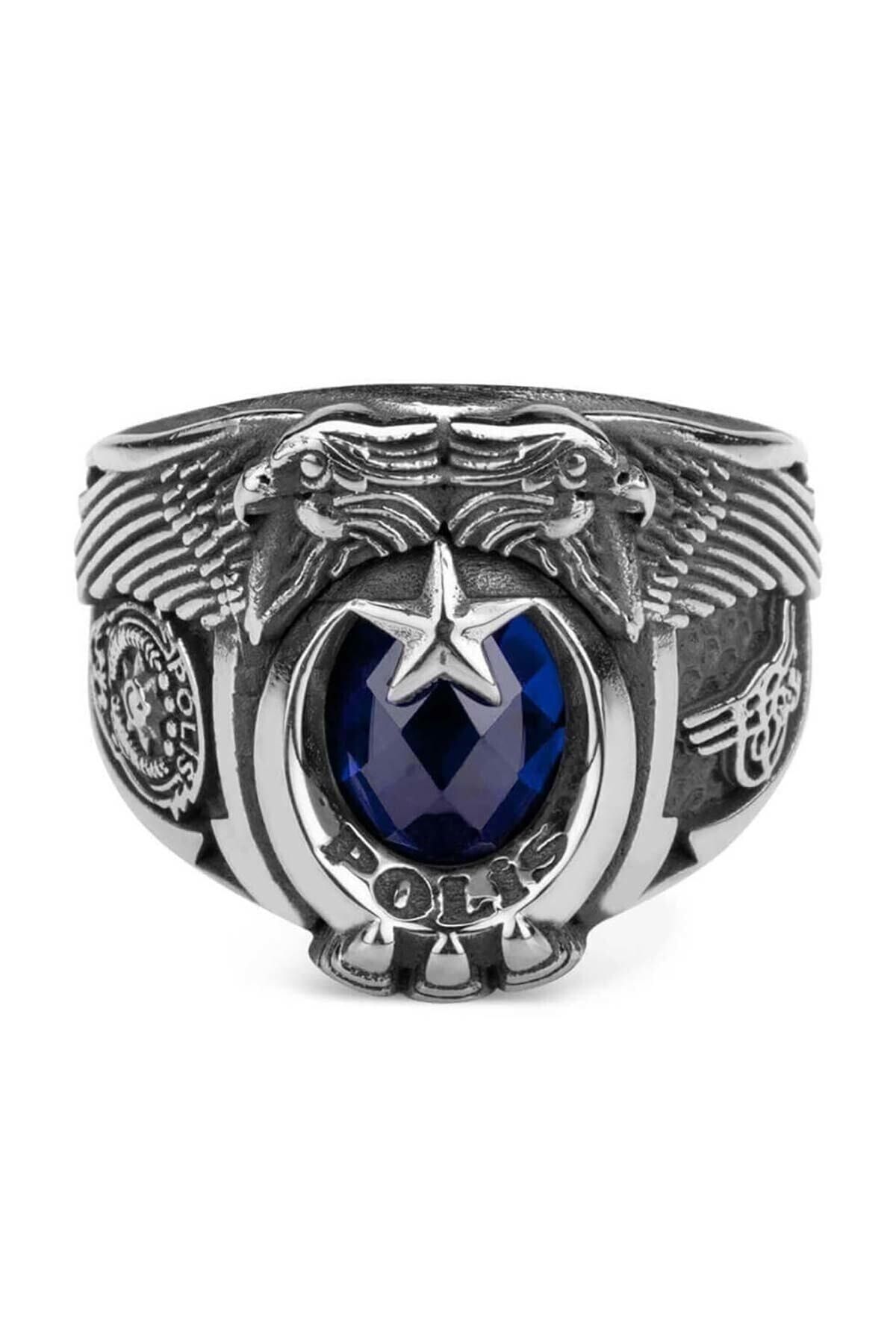 Anı Yüzük Çift Kartal Başlı Tuğralı 925 Ayar Gümüş Polis Yüzüğü Mavi Zirkon Taşlı Kaliteli Özel Tasarım