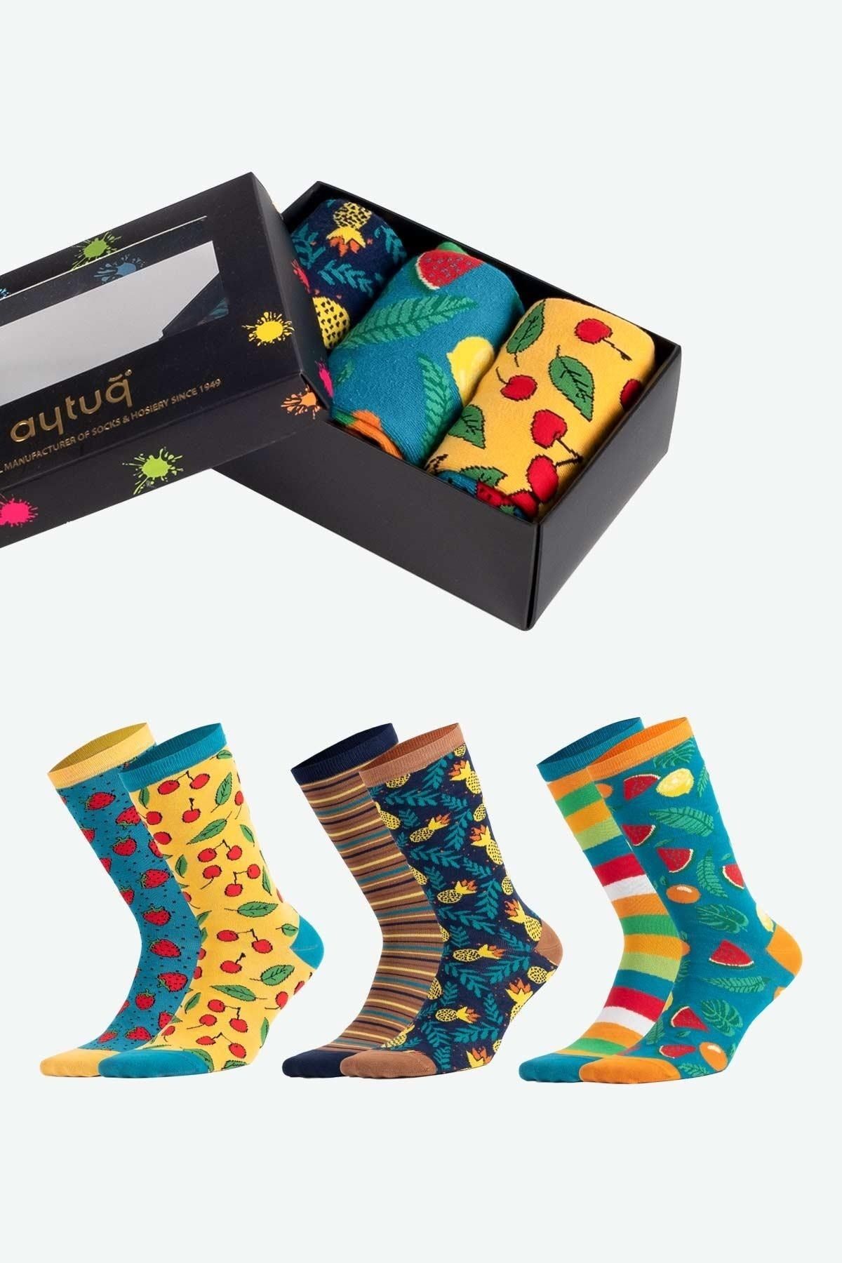 Aytuğ Unisex Pamuklu Renkli Meyveler Kutulu 3'lü Soket Çorap