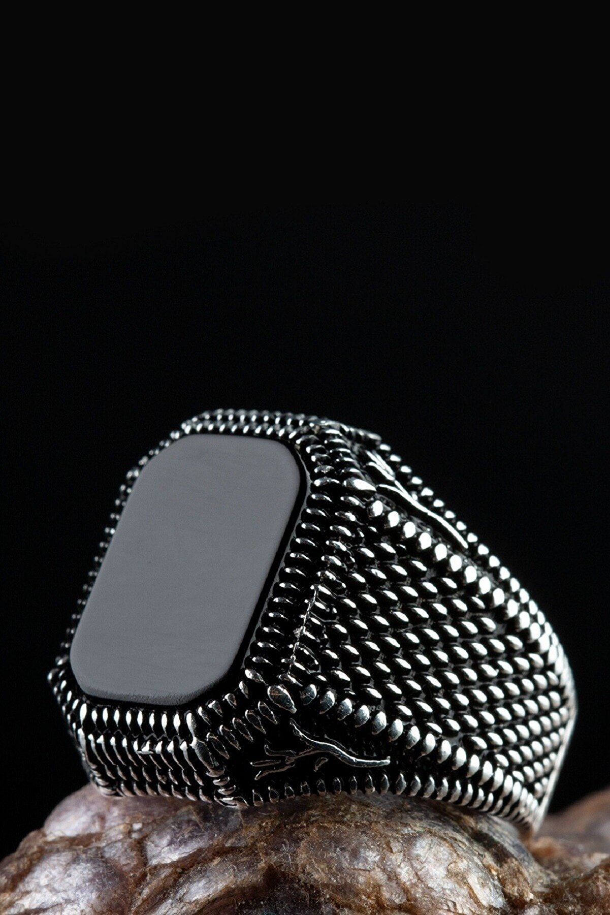 Anı Yüzük Erkek Siyah Oniks Taşlı Kare Model Sade Tasarım 925 Ayar Gümüş Yüzük Şık Motifli Desenli
