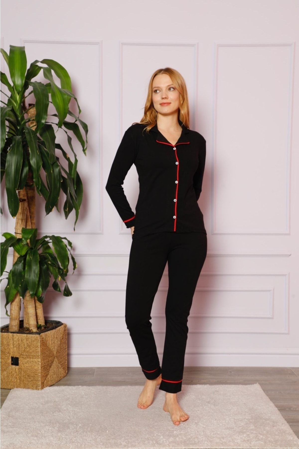 Huq Moda Kadın Siyah-kırmızı Pamuklu Likralı Biyeli Pijama Takımı
