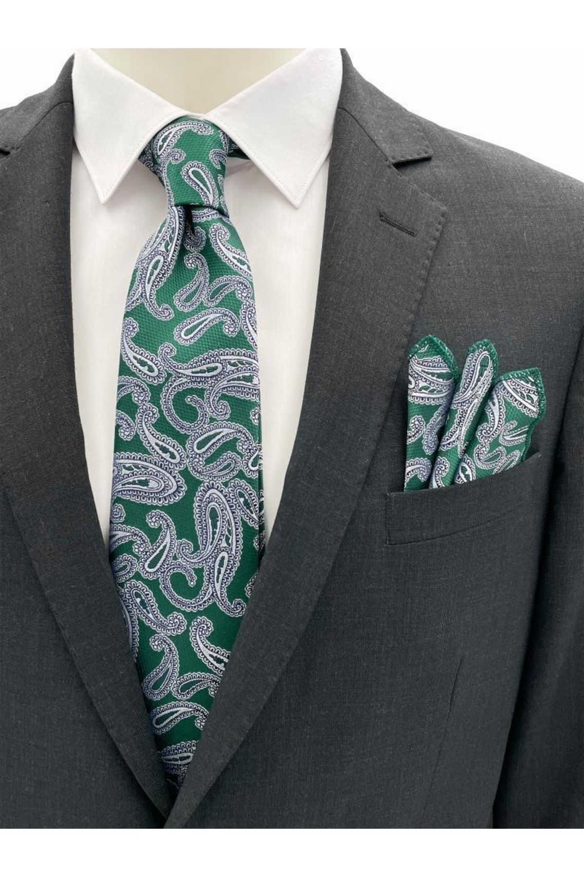 Brianze Yeşil Gri Şal Desen Kravat Mendil Set