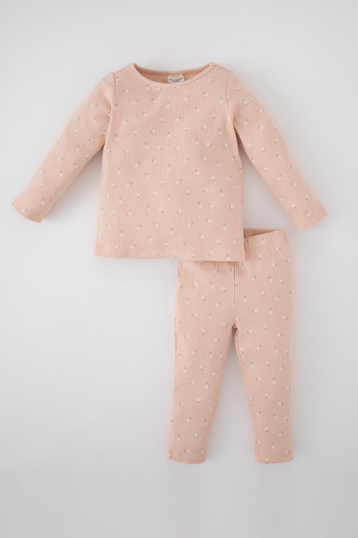 Defacto Kız Bebek Çiçekli Fitilli Kaşkorse Uzun Kollu Pijama Takım