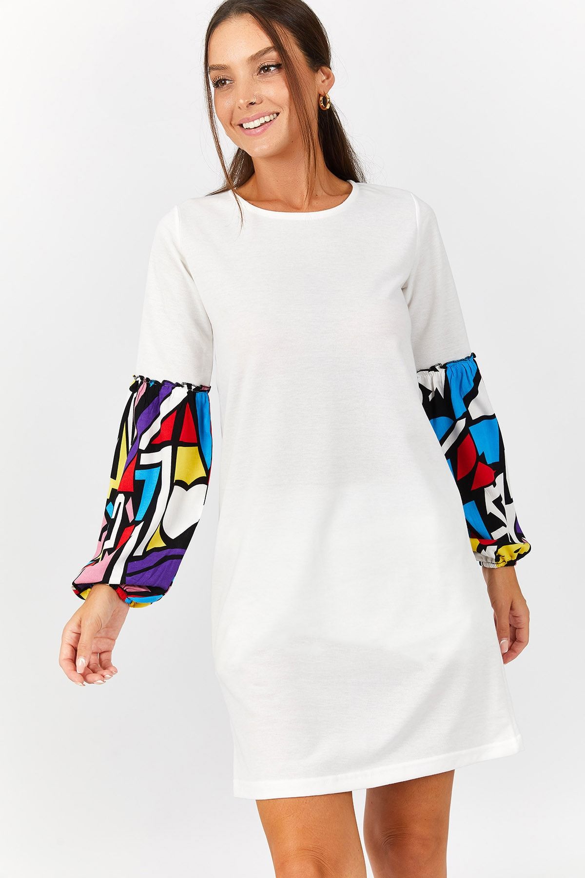 armonika Kadın Beyaz Geometrik Desenli Balon Kol Elbise ARM-20K001099
