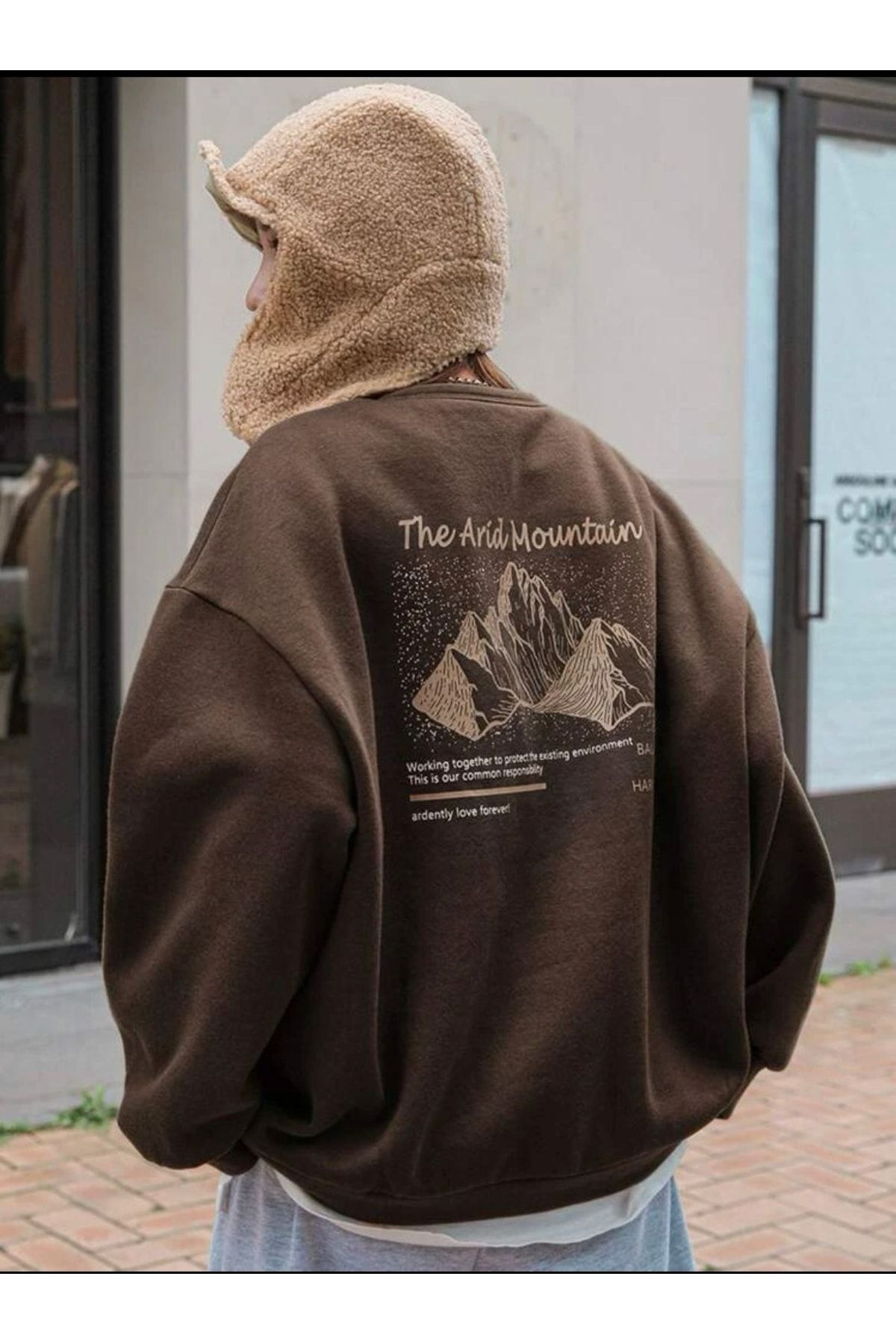 MOONBULL Arid Mountain Baskılı Kahverengi Oversize Sweatshirt