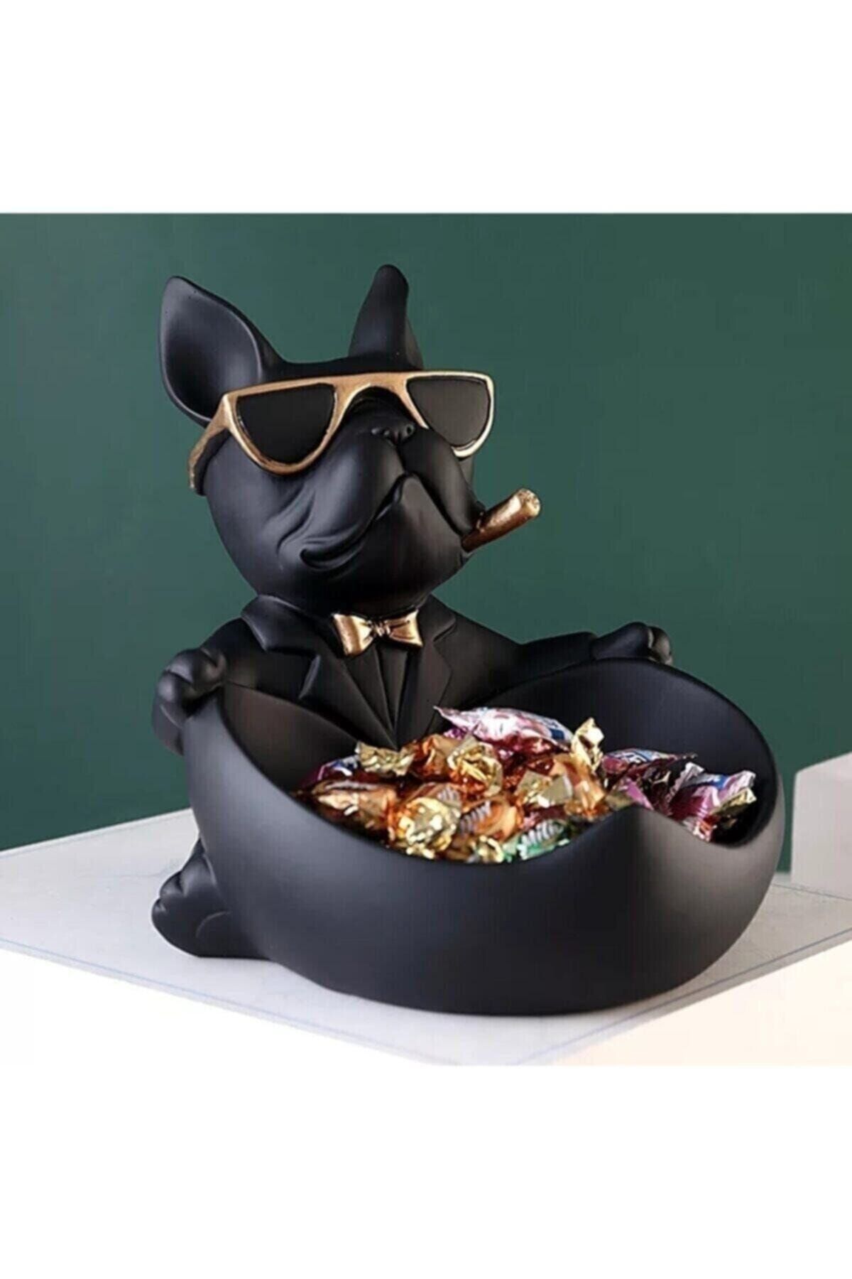 Genel Markalar Siyah Gold Boyalı Taş Tozu Bulldog Köpek Dekoratif Heykel Biblo Sunumluk Ofis Biblosu