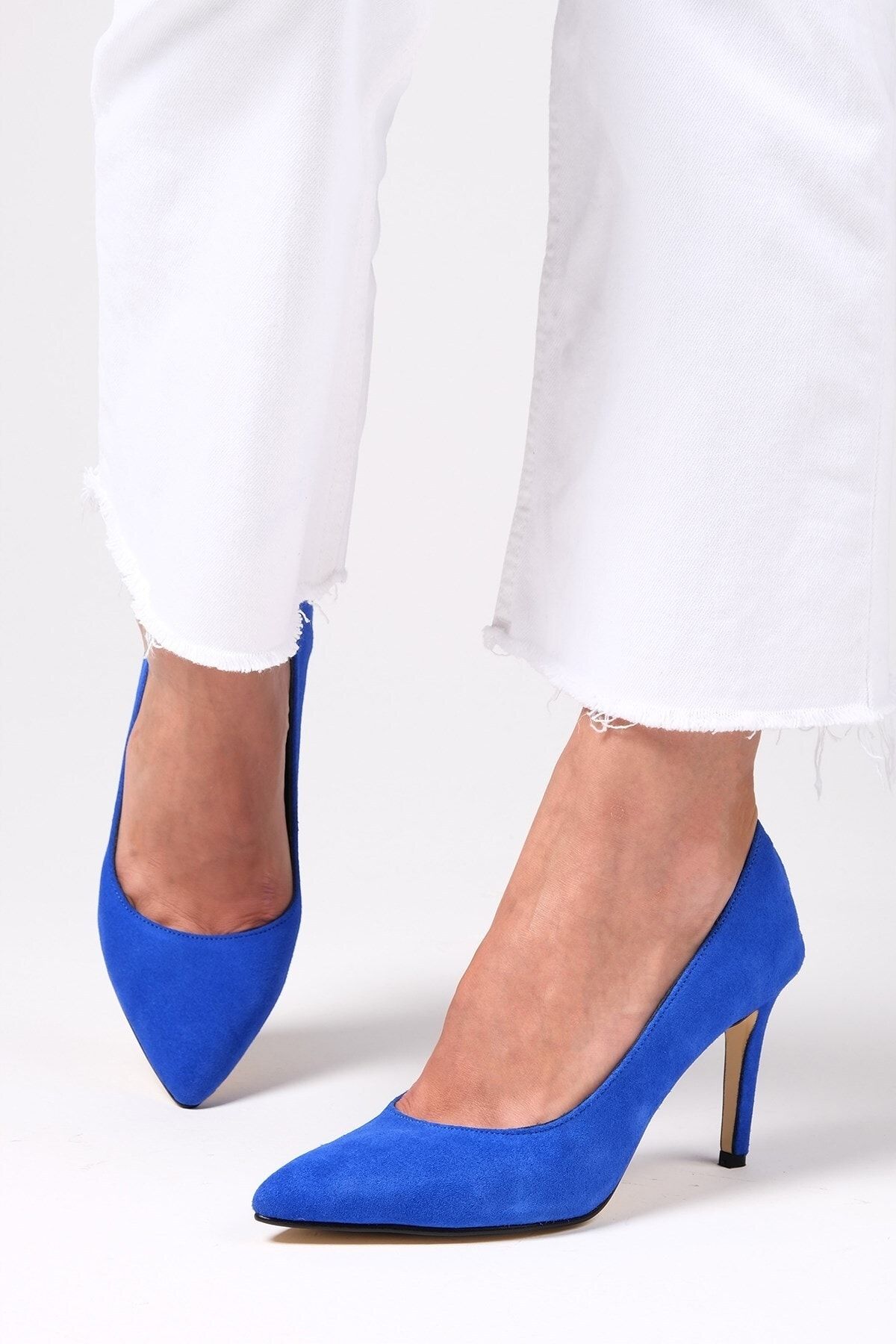 Mio Gusto Elora Hakiki Süet Saks Mavi Renk Kadın Stiletto Ayakkabı