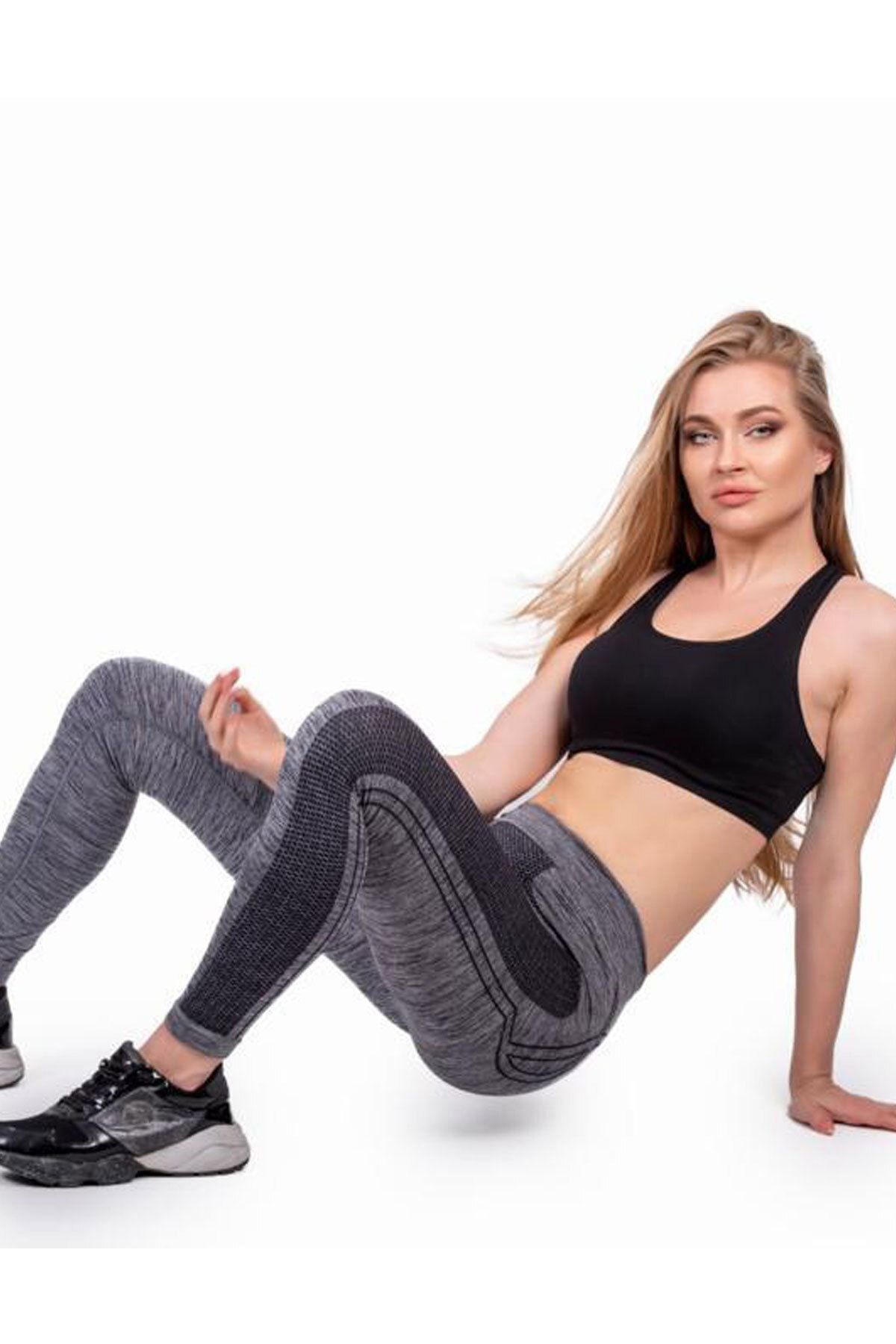Genel Markalar Kadın Gri Desenli Toparlayıcı Sütyen Krop Ve Tayt Ikili Fitness Yoga Spor Takım