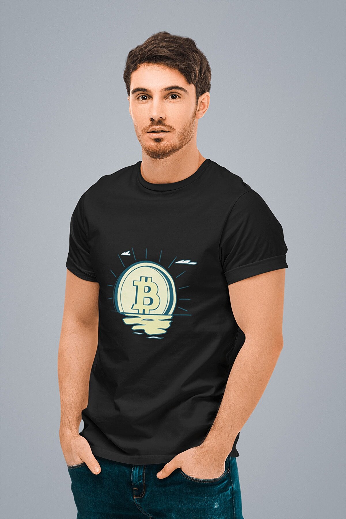 ErTaPassage Erkek Siyah Soyut Bitcoin Baskılı Standart T-shirt T9126242