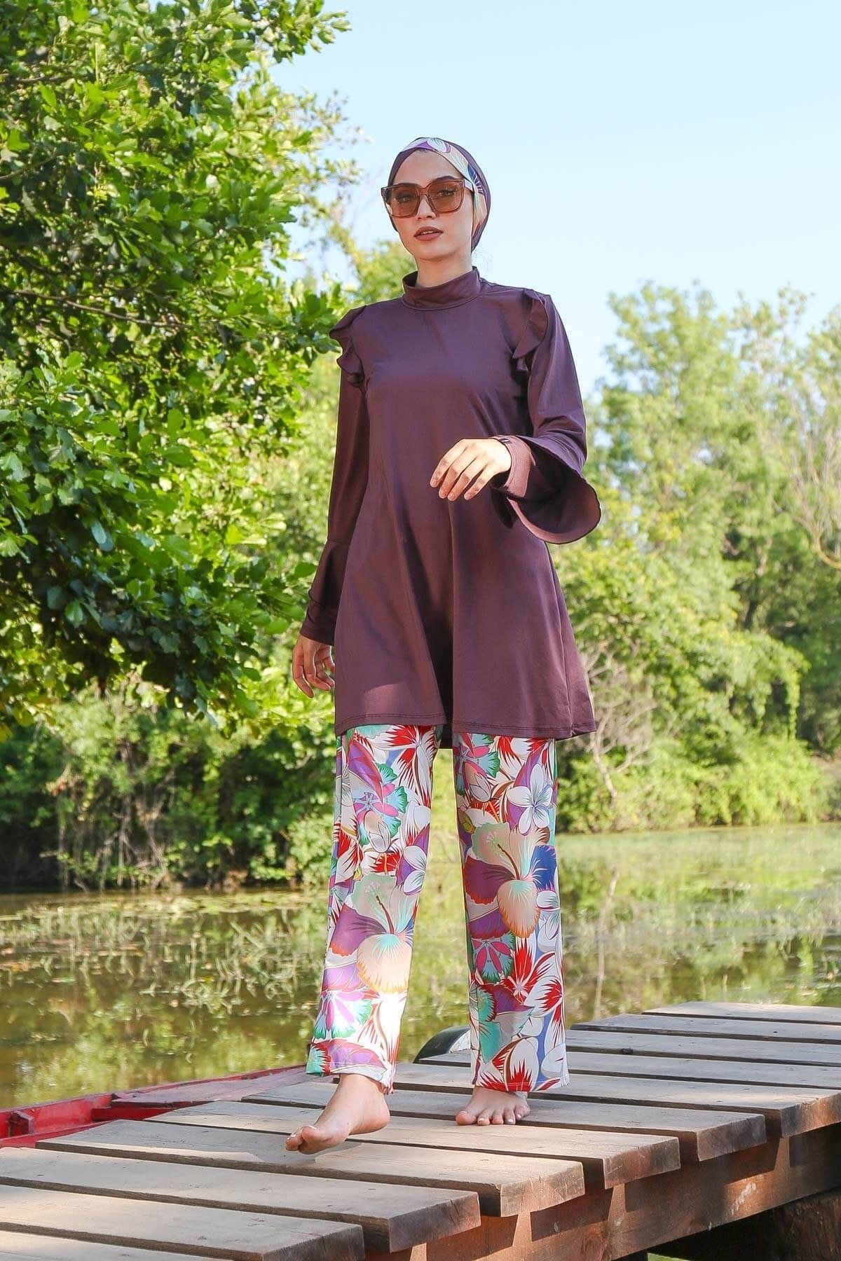 Marina Kahverengi Bol Pantolonlu Tasarım Tam Kapalı Tesettür Mayo M2023