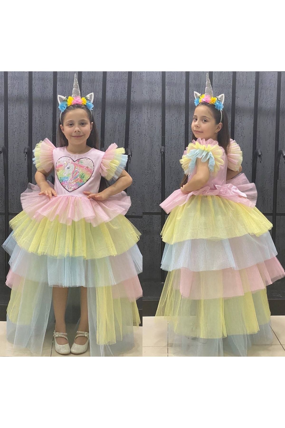 Sare Çocuk Giyim Kız Çocuk Unıcorn Taç Dahil Kostüm Prenses Model Çocuk Abiye Elbise Tekboynuz Tütü Abiye