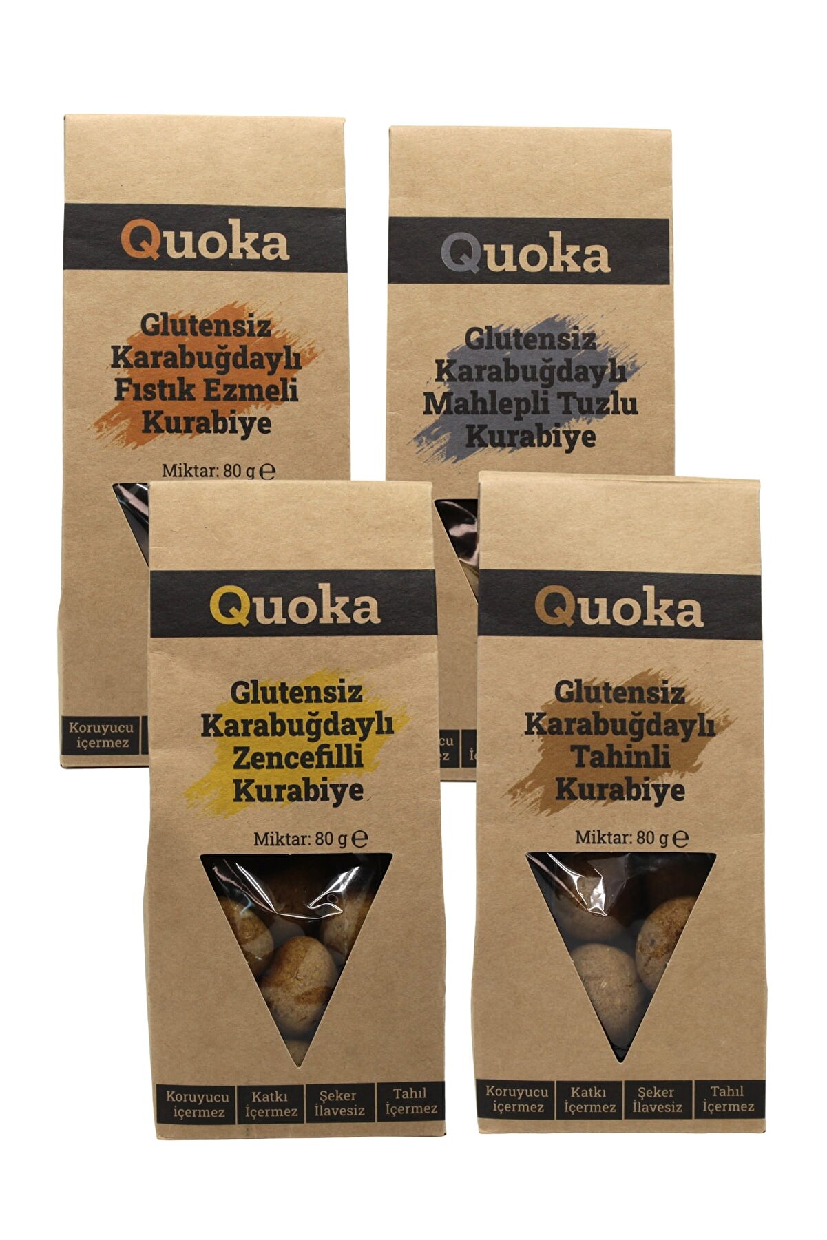 QUOKA Glutensiz Karabuğday Unlu Tahinli Zencefil Fıstık Ezmeli Tuzlu Kurabiye 4 Paket 80gr