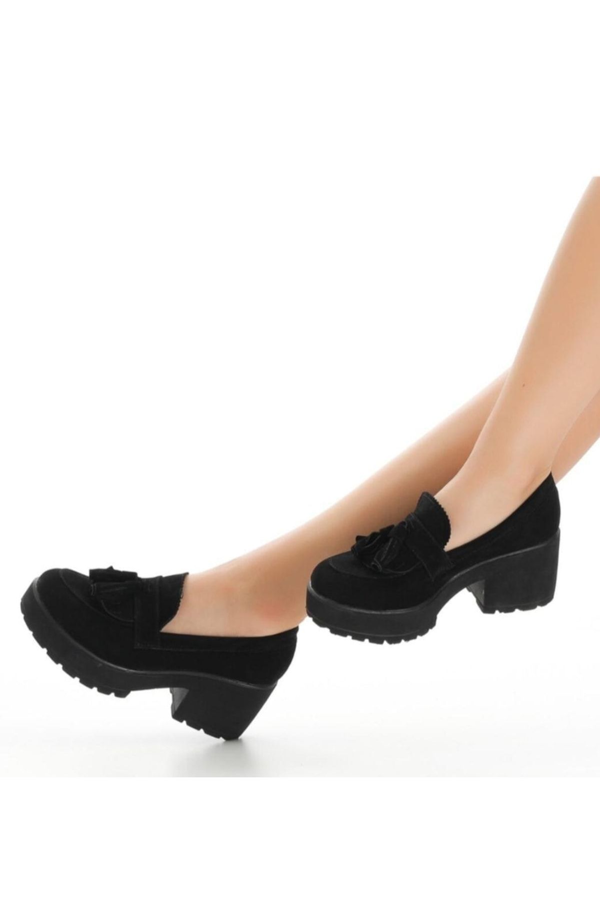 çetin ayakkabı Kadın Günlük Topuklu Püsküllü Kalın Taban Siyah Süet Ayakkabı