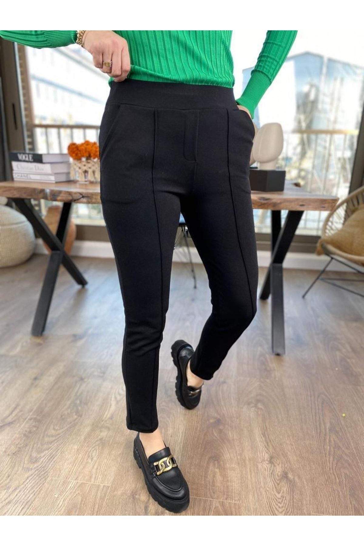 Modagusto Kadın Siyah Krep Kumaş Likralı Çimalı Pantolon