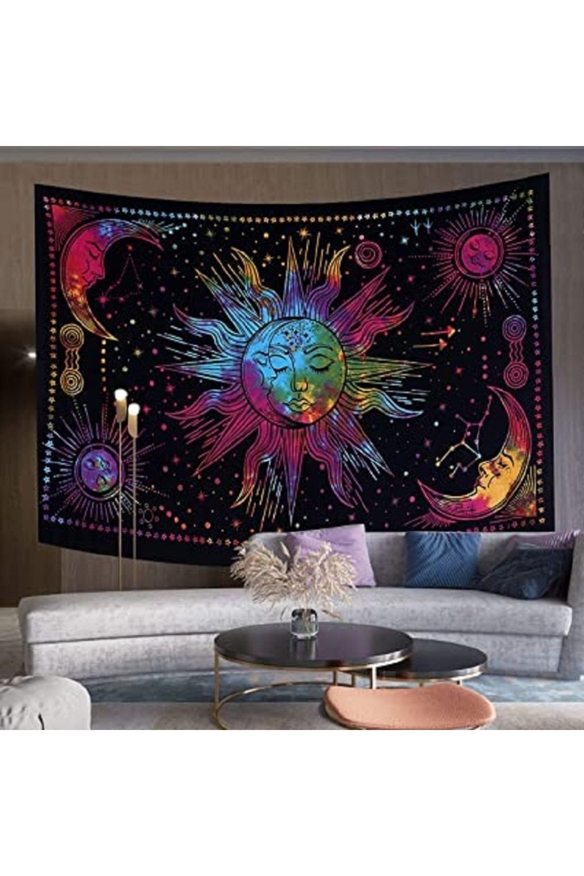 ALAMODECOR Güneş Ve Ay Renkli Mistik Duvar Örtüsü Duvar Halısı Tapestry