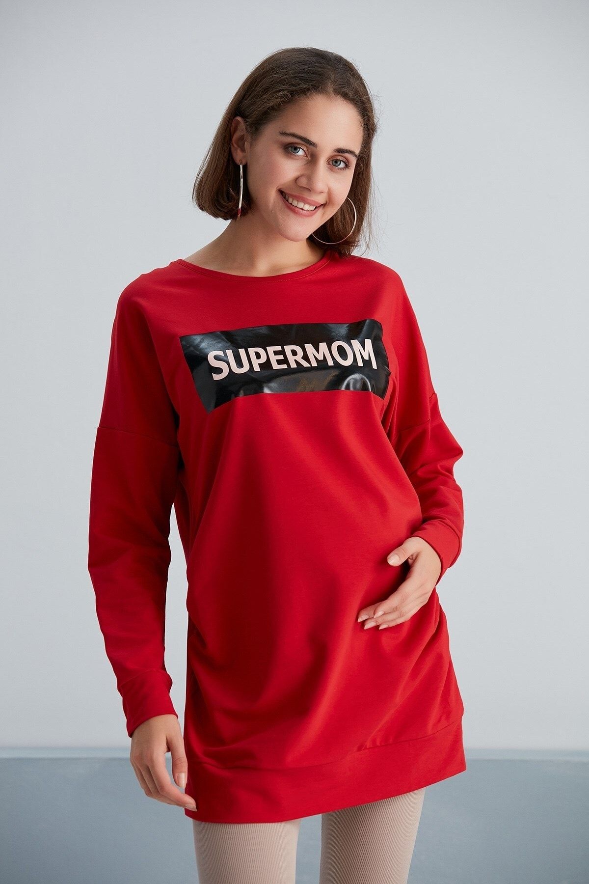 Görsin Hamile Supermom Baskılı Hamile Kırmızı Sweatshirt