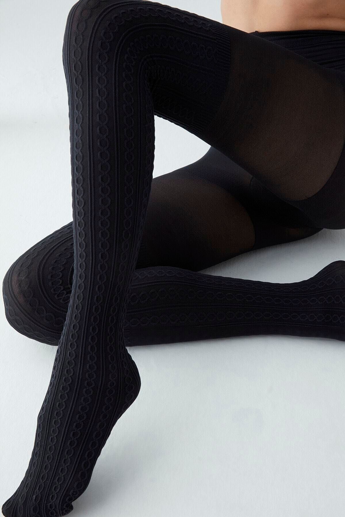 Penti Kadın Siyah Over Knit Desenli Külotlu Çorap