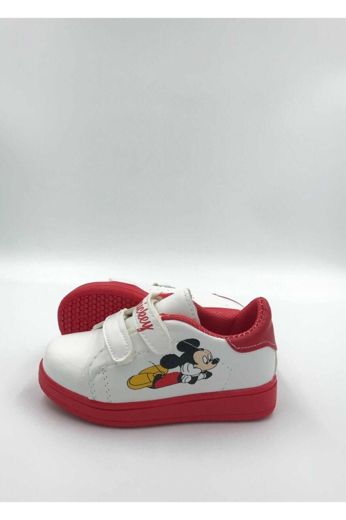 DARKLOW Md-01 Mickey Desenli Çocuk Spor Sneaker Günlük Cırtlı Spor Ayakkabı Beyaz-kırmızı