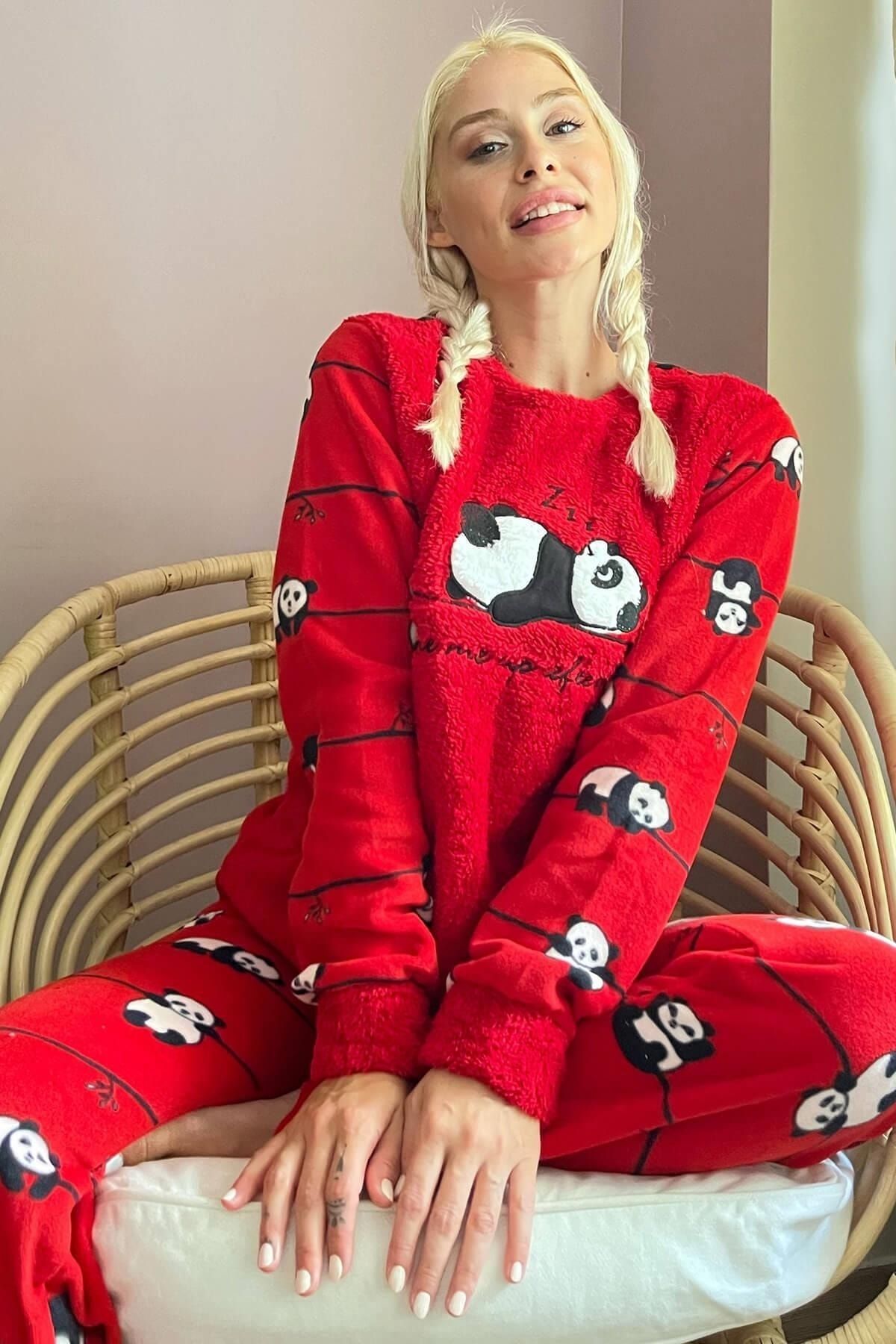 Pijamaevi Kırmızı Zzz Wake Desenli Kadın Peluş Pijama Takımı