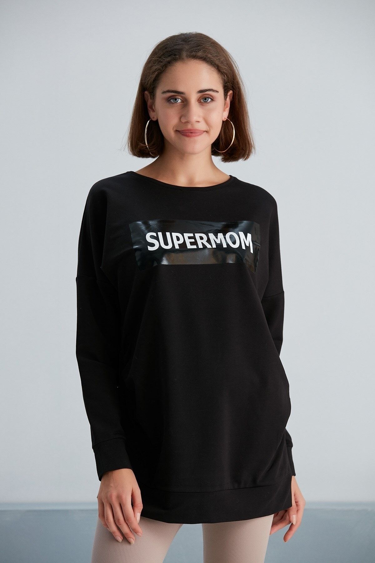 Görsin Hamile Gör&sin Supermom Baskılı Hamile Siyah Sweatshirt