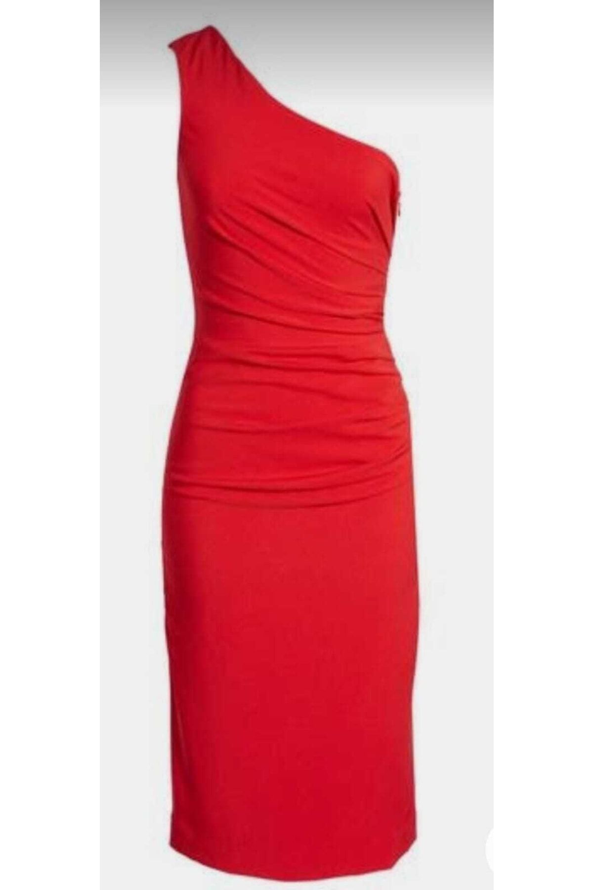 Nsb Tasarım Kadın Tek Omuz Kırmızı Midi Elbise