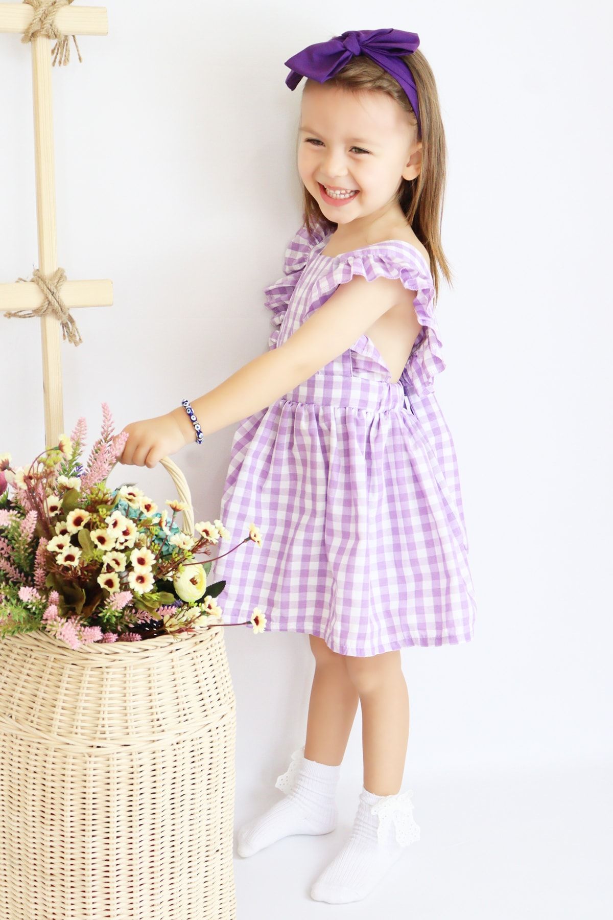 Parla Kids Kız Çocuk Violetta Lila Pötikareli Fırfırlı Bağlama Detaylı Elbise Bandana Takım