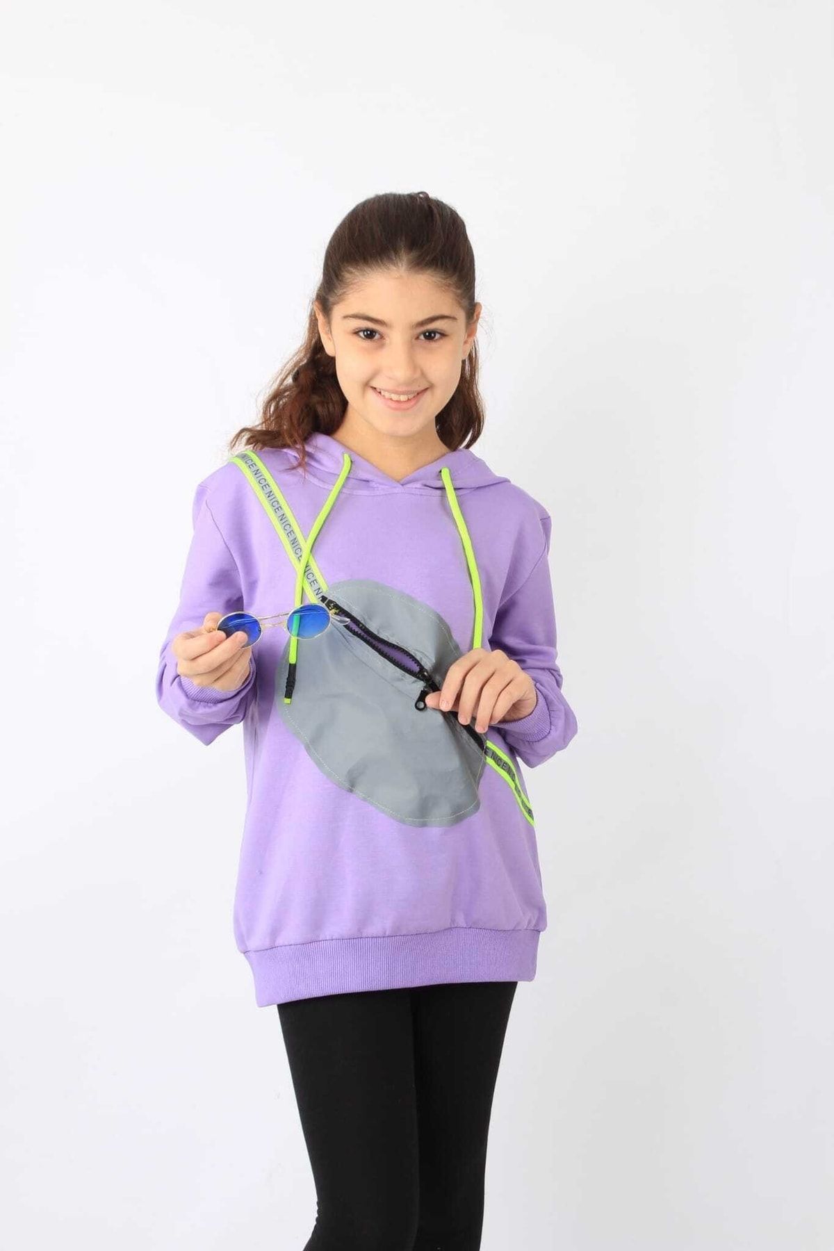 Genel Markalar Çantalı Kapüşonlu Lila Kız Çocuk Mevsimlik Tarz Sweatshirt