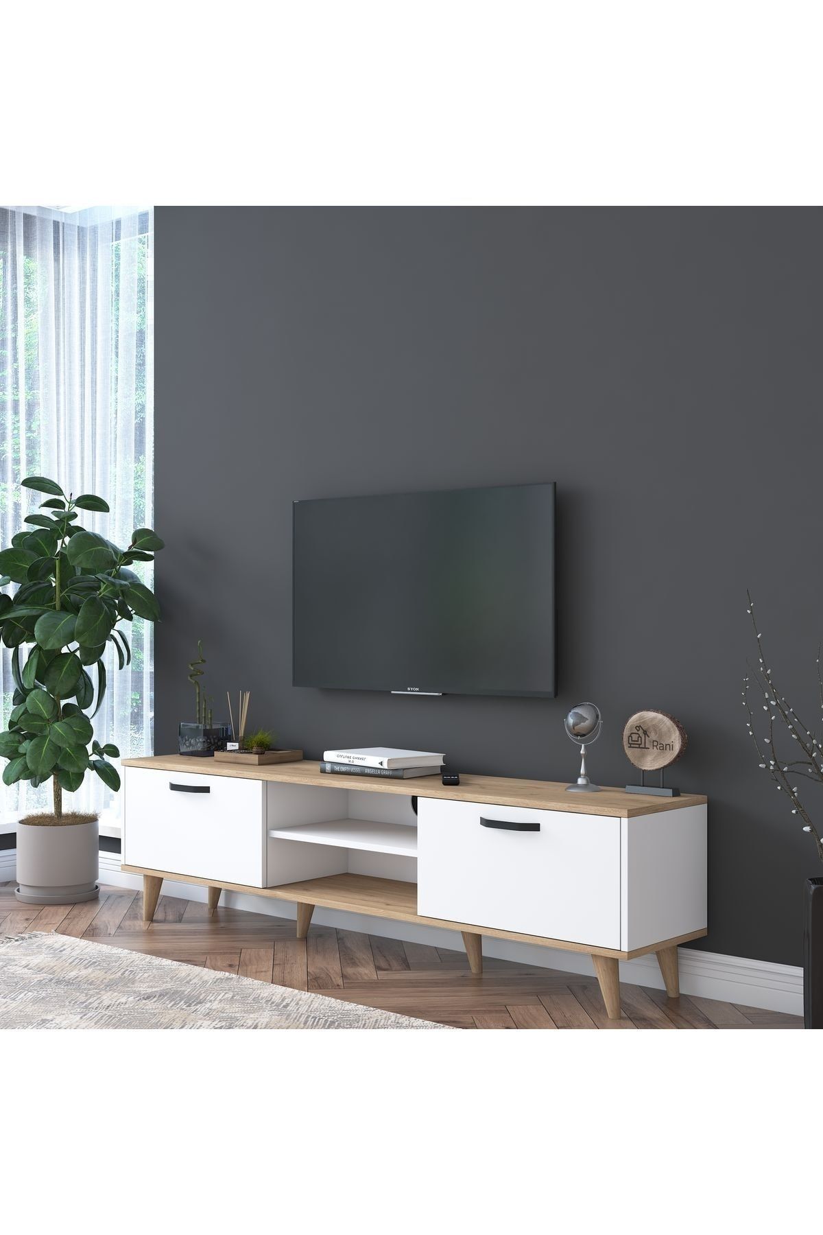 Rani Mobilya Rani A5 Tv Ünitesi Modern Ayaklı Tv Sehpası 180 Cm Sepet Ceviz - Beyaz
