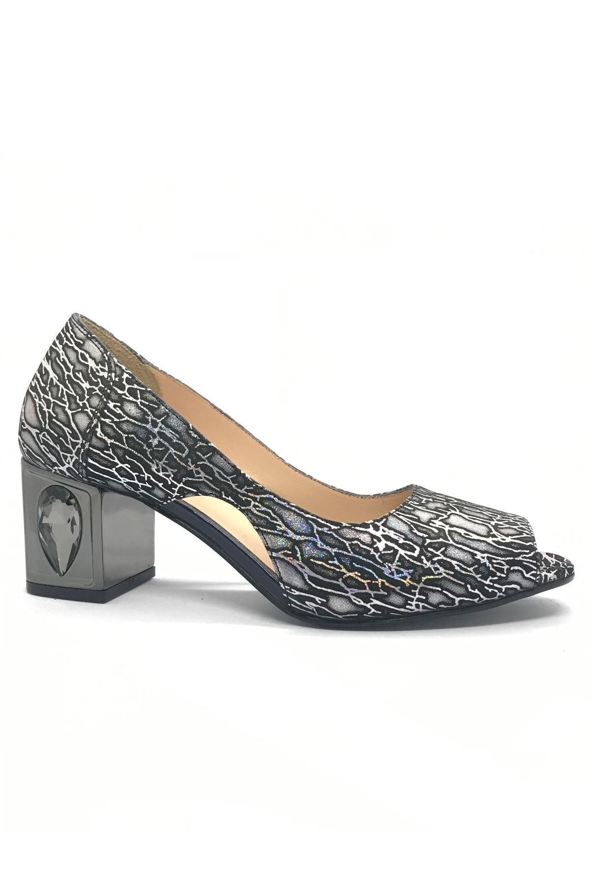 D&A İzland Shoes Kadın Gri Siyah Metalik Karışım Zarif Elmas Ökçeli Hakiki Deri Ayakkabı