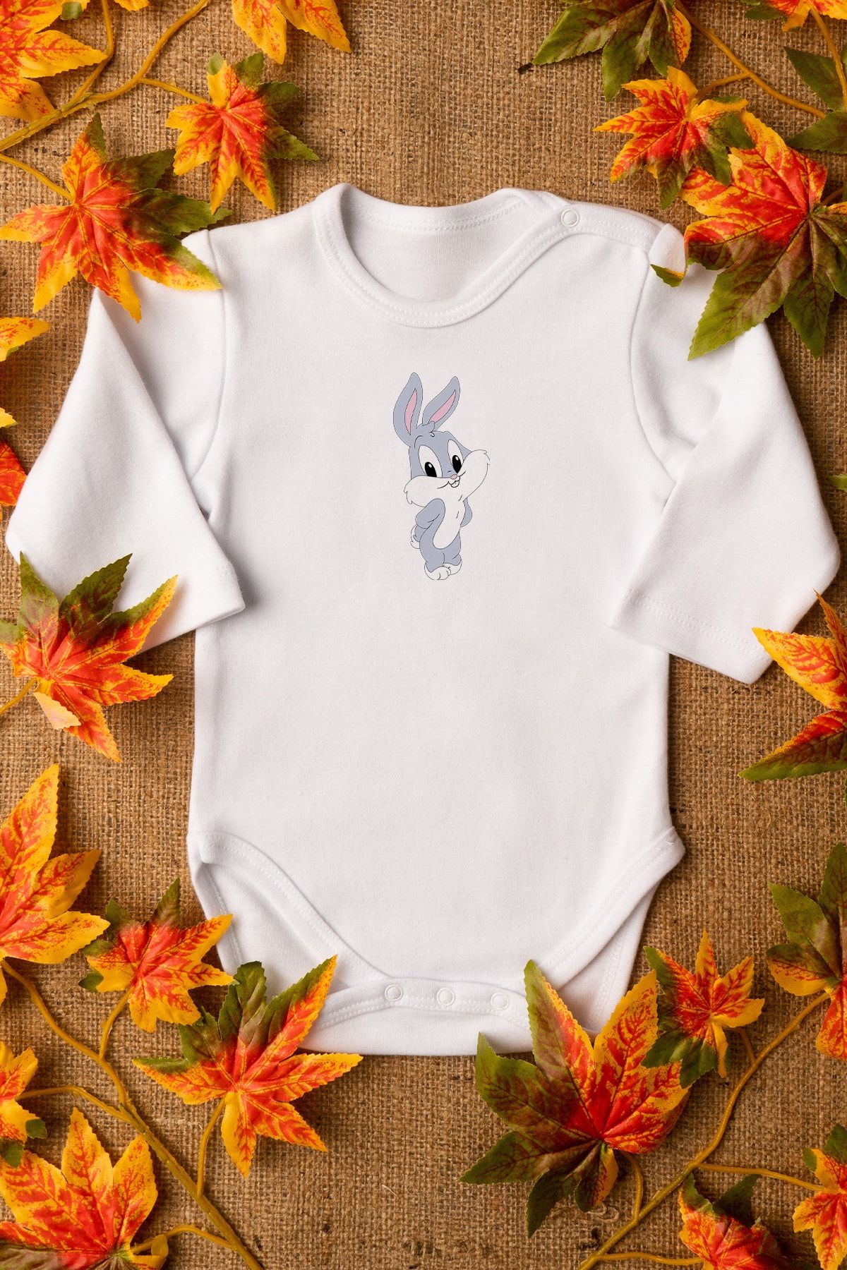 Overoz Unisex Bebek Bugs Bunny Organik Baskılı %100 Pamuklu Beyaz Çıtçıtlı Body Zıbın 8079