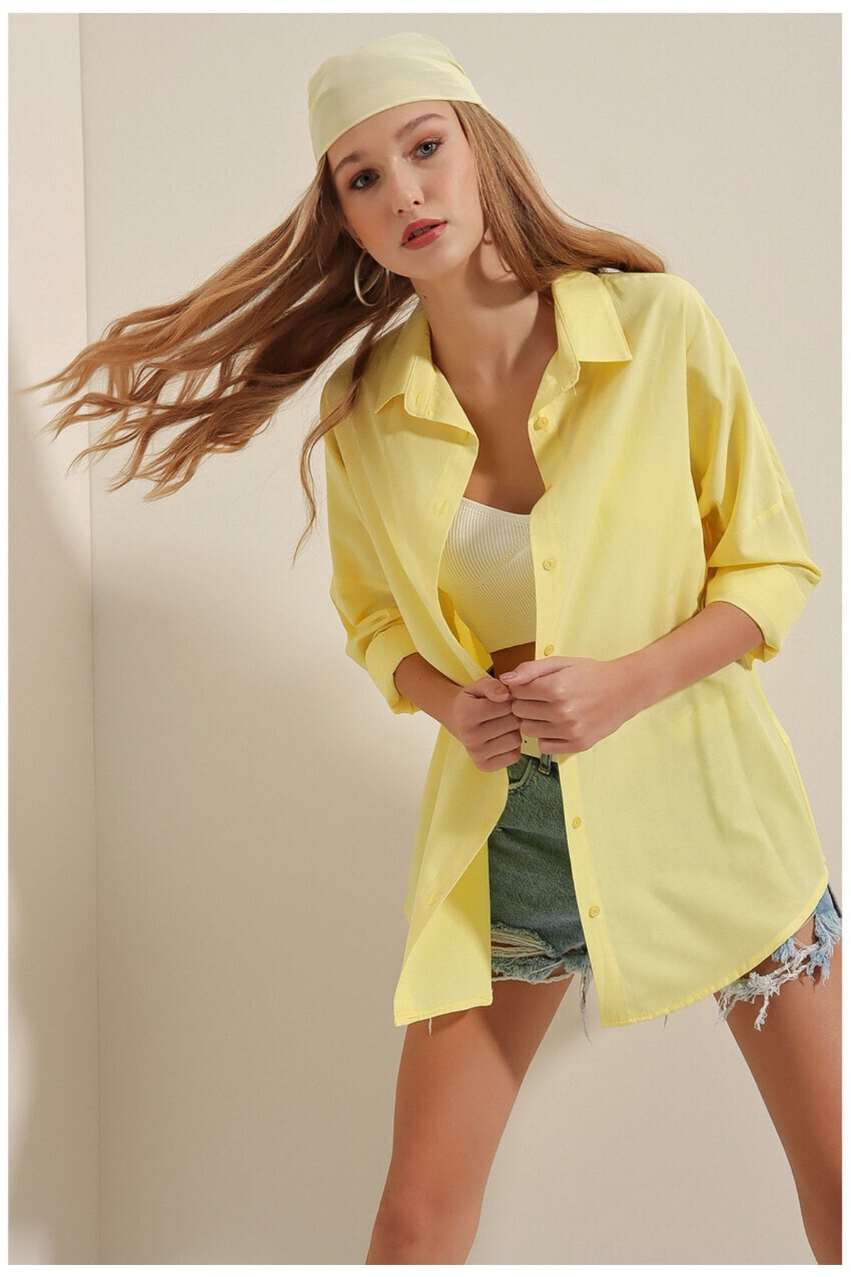 ubmbutik Kadın Sarı Oversize Uzun Basic Gömlek