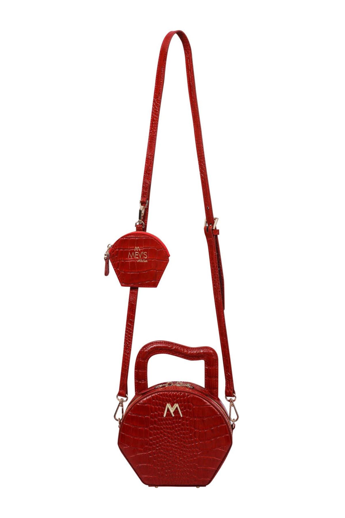 MEV'S Atelier Mini Nora Hakiki Deri Cüzdanlı Çanta Kroko Baskı Kırmızı