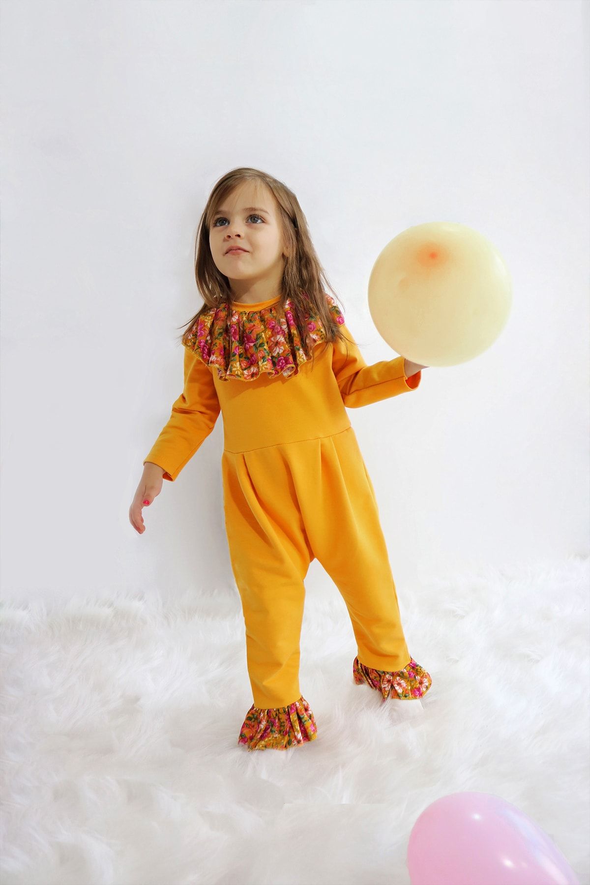 Parla Kids Kız Bebek Lotus Hardal Çiçekli Uzun Kollu Çıtçıtlı Yakalı Tulum