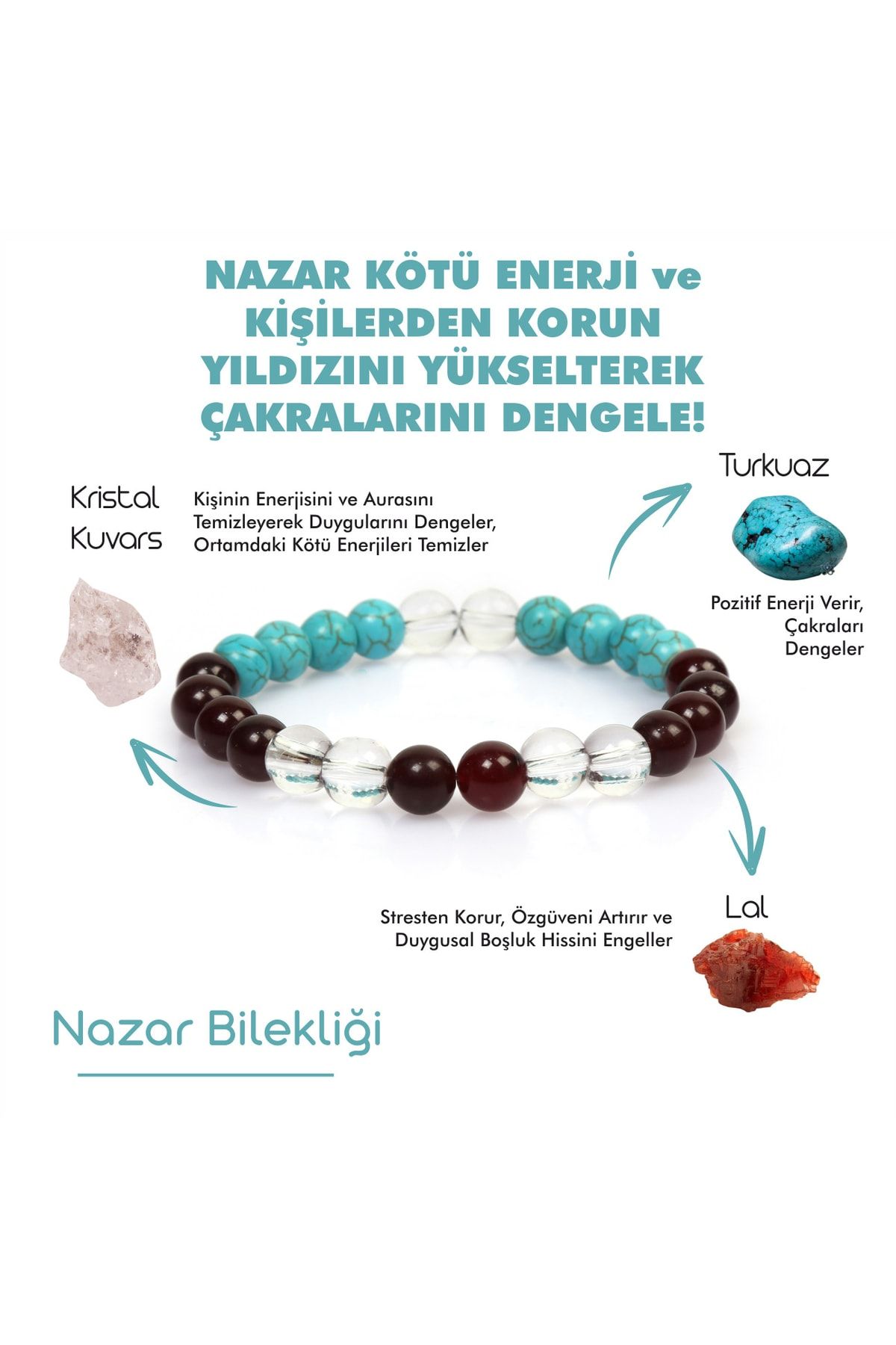 Mystic Energy Sertifikalı Doğal Taş Nazar Tılsım Bilekliği|lal(GRANAT)-turkuaz-kristal Kuvars |hediyelik Doğaltaş
