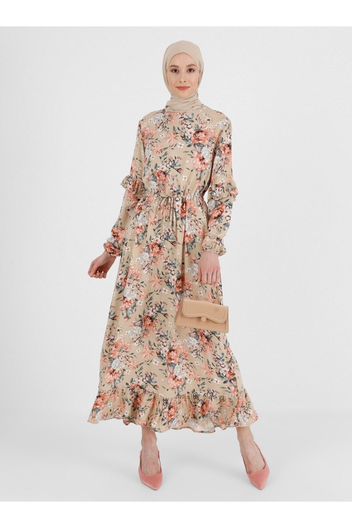 Refka Doğal Kumaşlı Fırfır Detaylı Elbise - Pudra Çiçekli - Woman