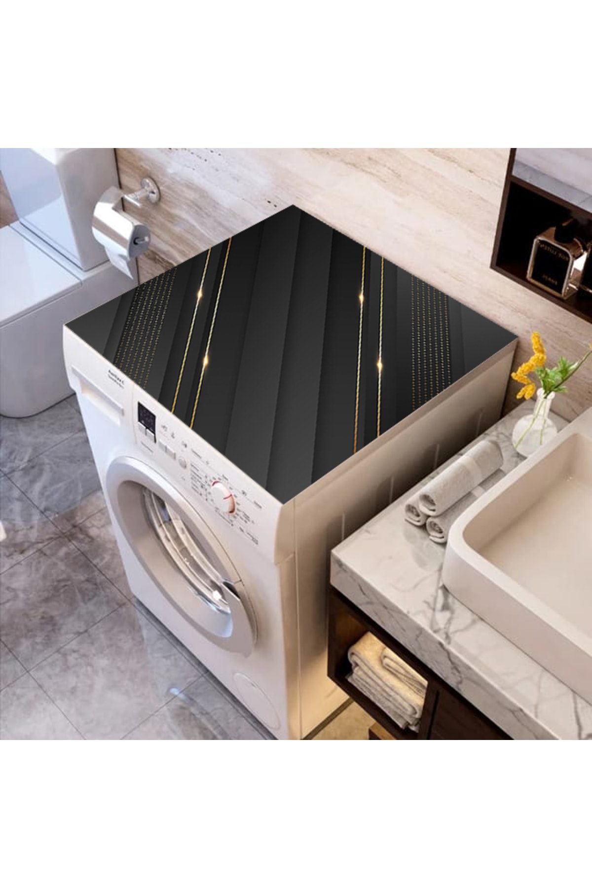 ALAMODECOR Siyah Gold Çizgili Elite Baskılı Çamaşır Makine Örtüsü Kumaş Örtü 62 Cm X 62 Cm | Banyo Düzenleyici
