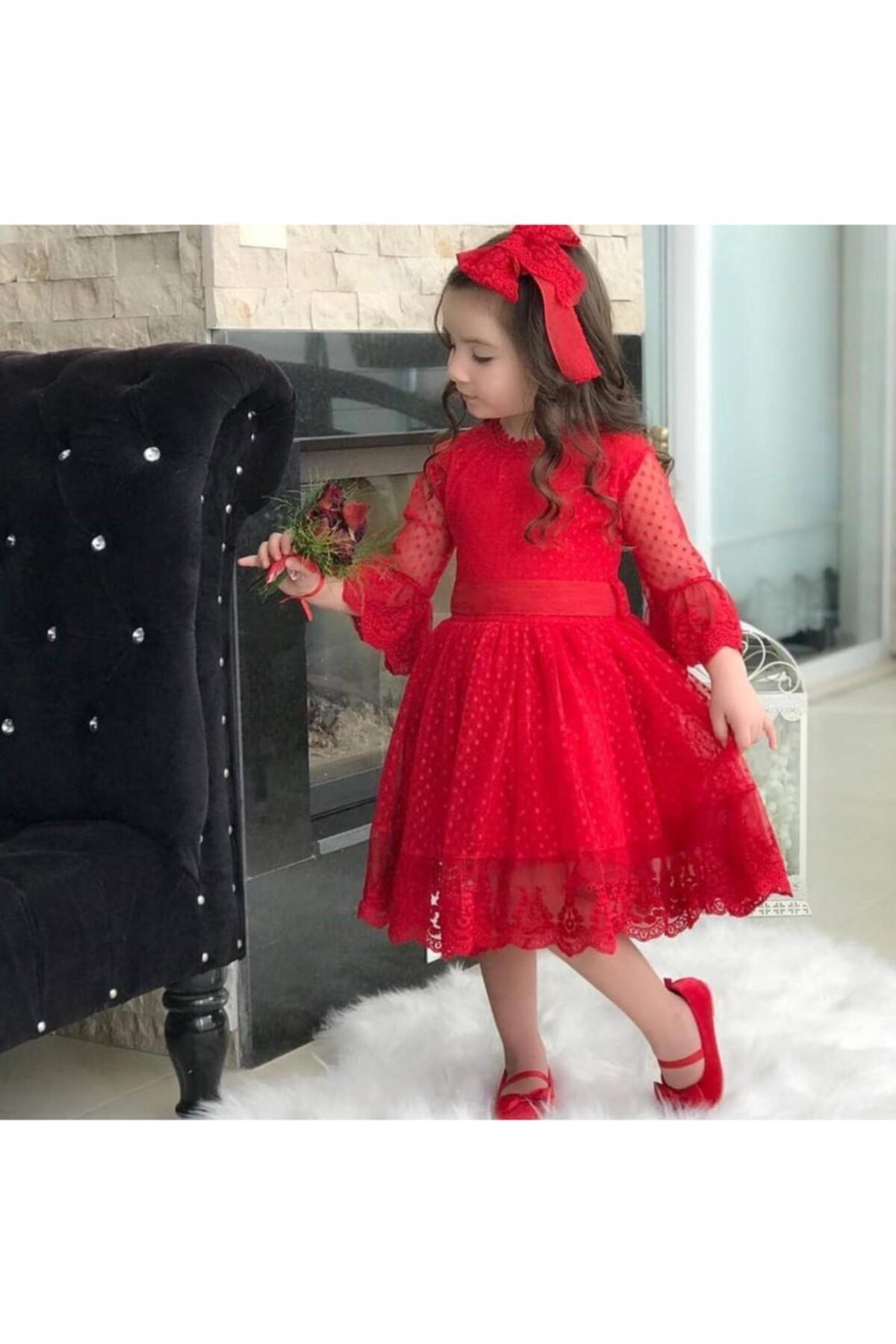 Riccotarz Kız Çocuk Prenses Güpürlü Kırmızı Elbise