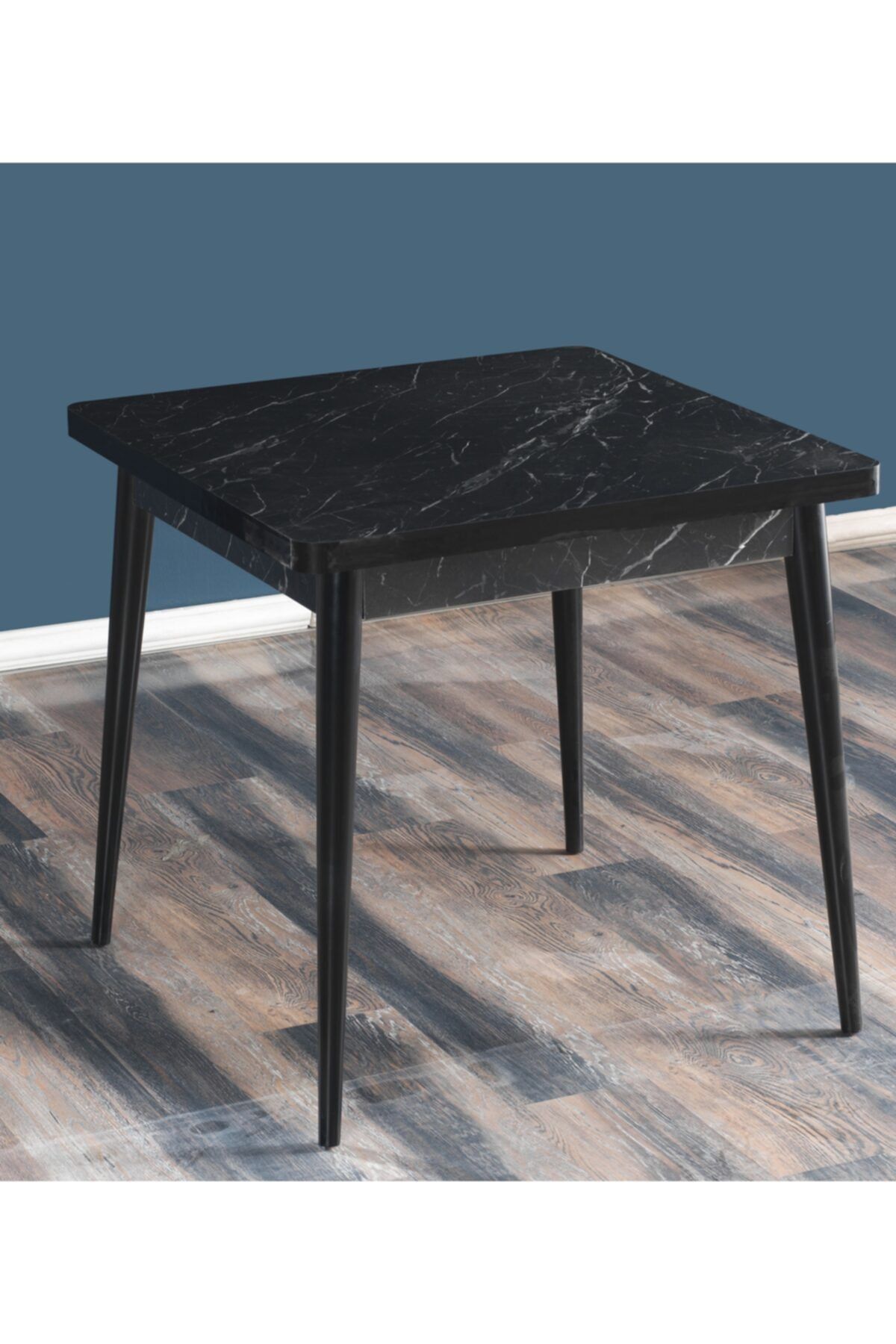 Mymassa - 80x80 Bendir Siyah Mermer Desenli Kare Masa Balkon Masası Cafe Masası