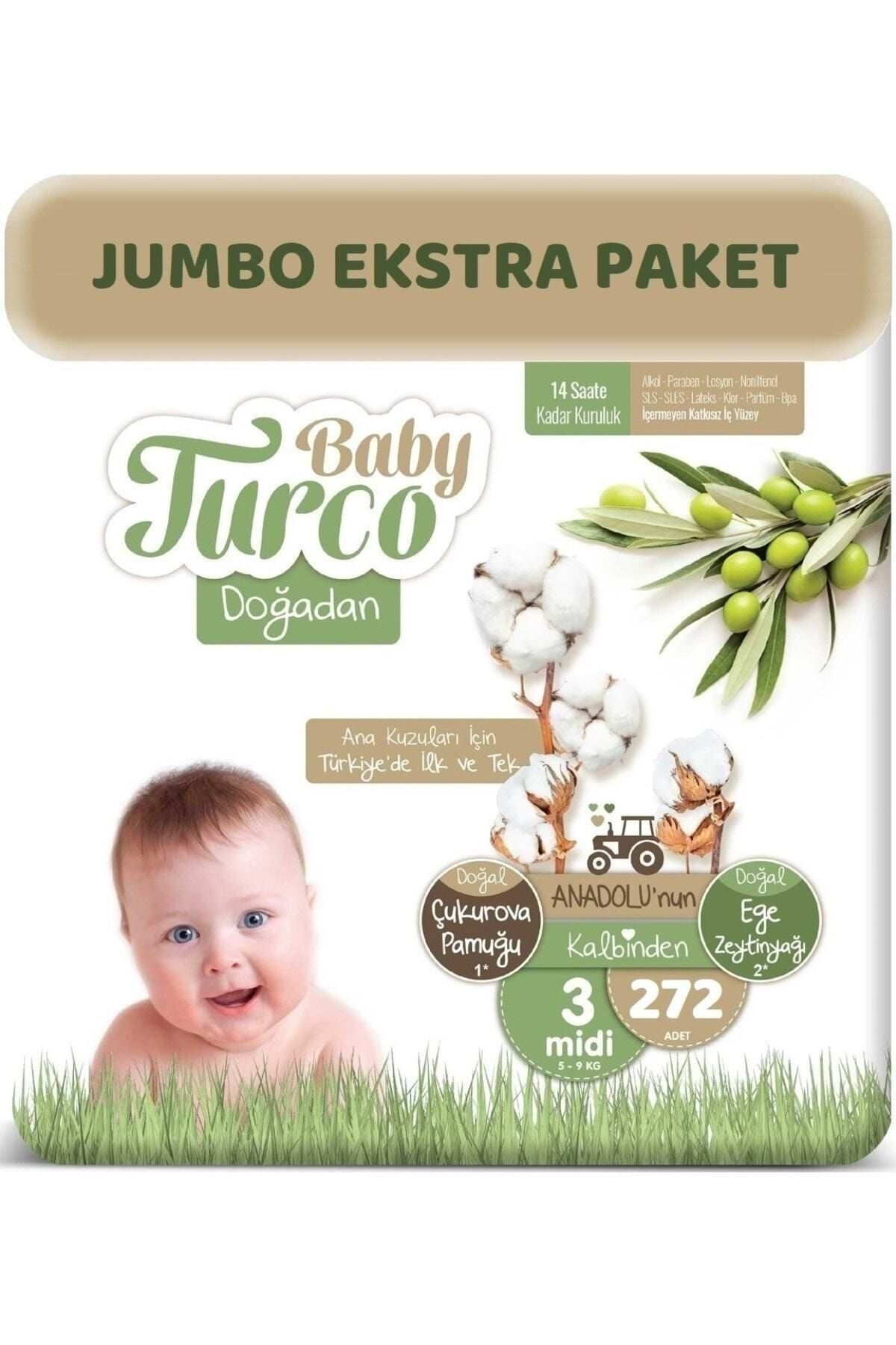 Baby Turco Bebek Bezi Doğadan Beden:3 (5-9kg) Midi 272 Adet Jumbo Ekstra Pk