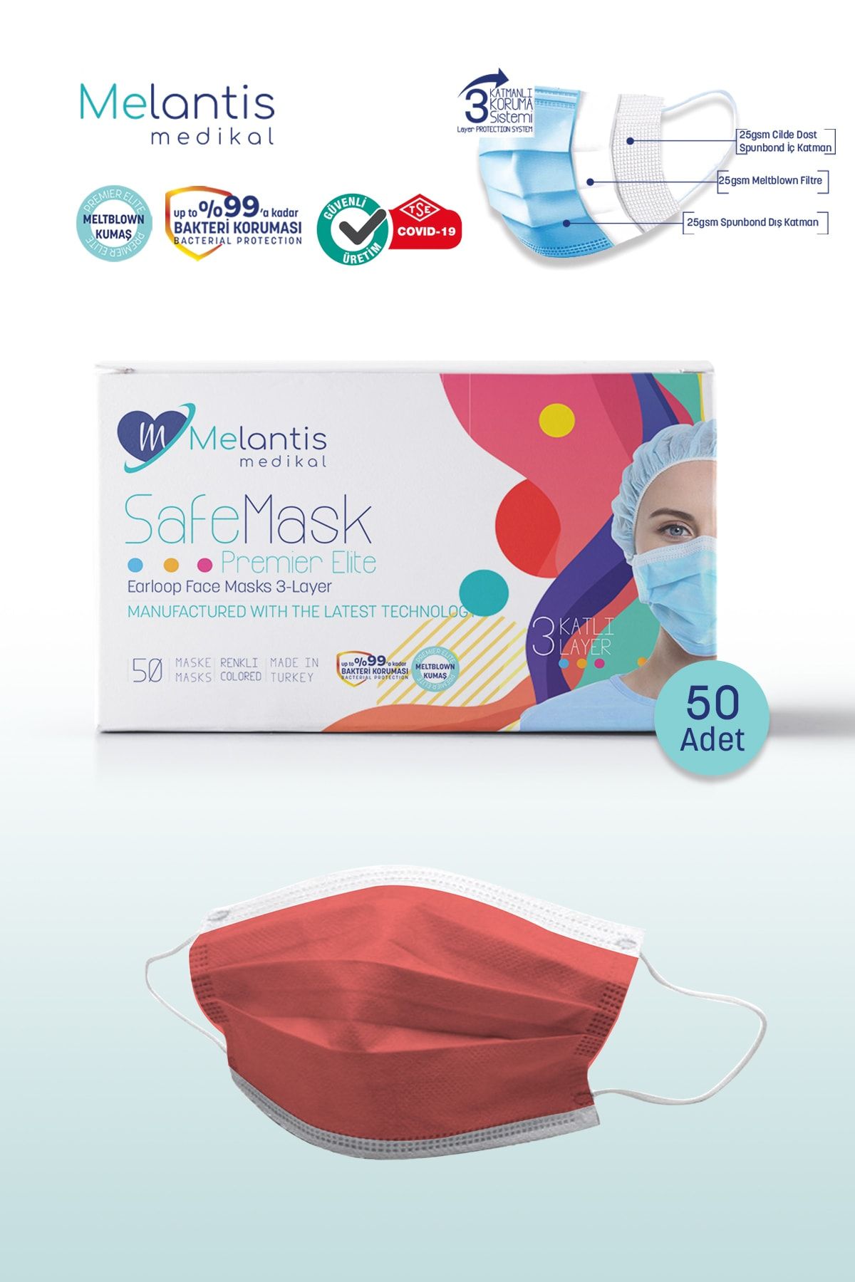 Melantis Medikal Meltblownlu + Tip 2r 3 Katlı Telli Cerrahi Maske 1 Kutu 50 Adet Kırmızı