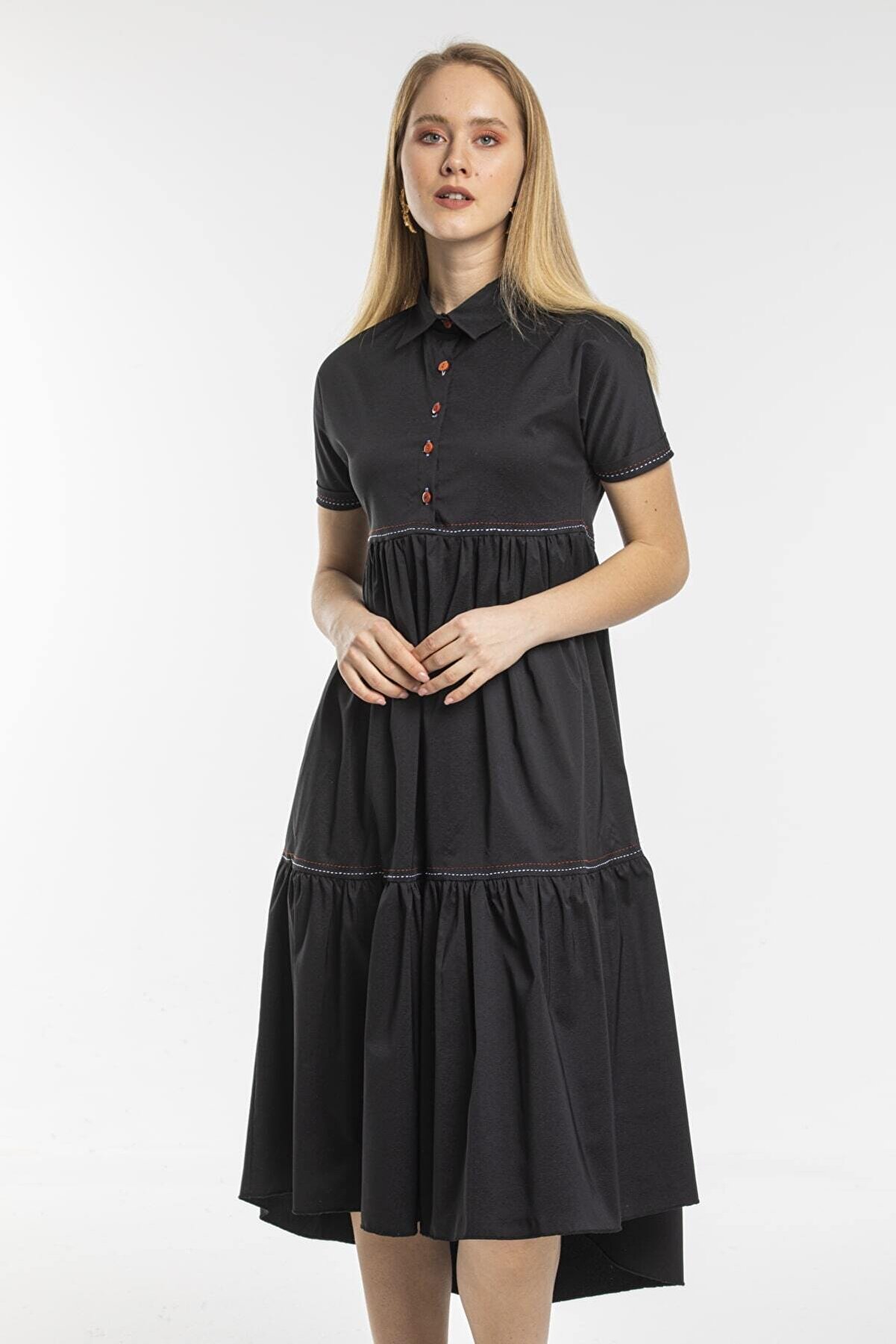 rapellin Punto Dikiş Detaylı Paraşüt Elbise 1728-siyah