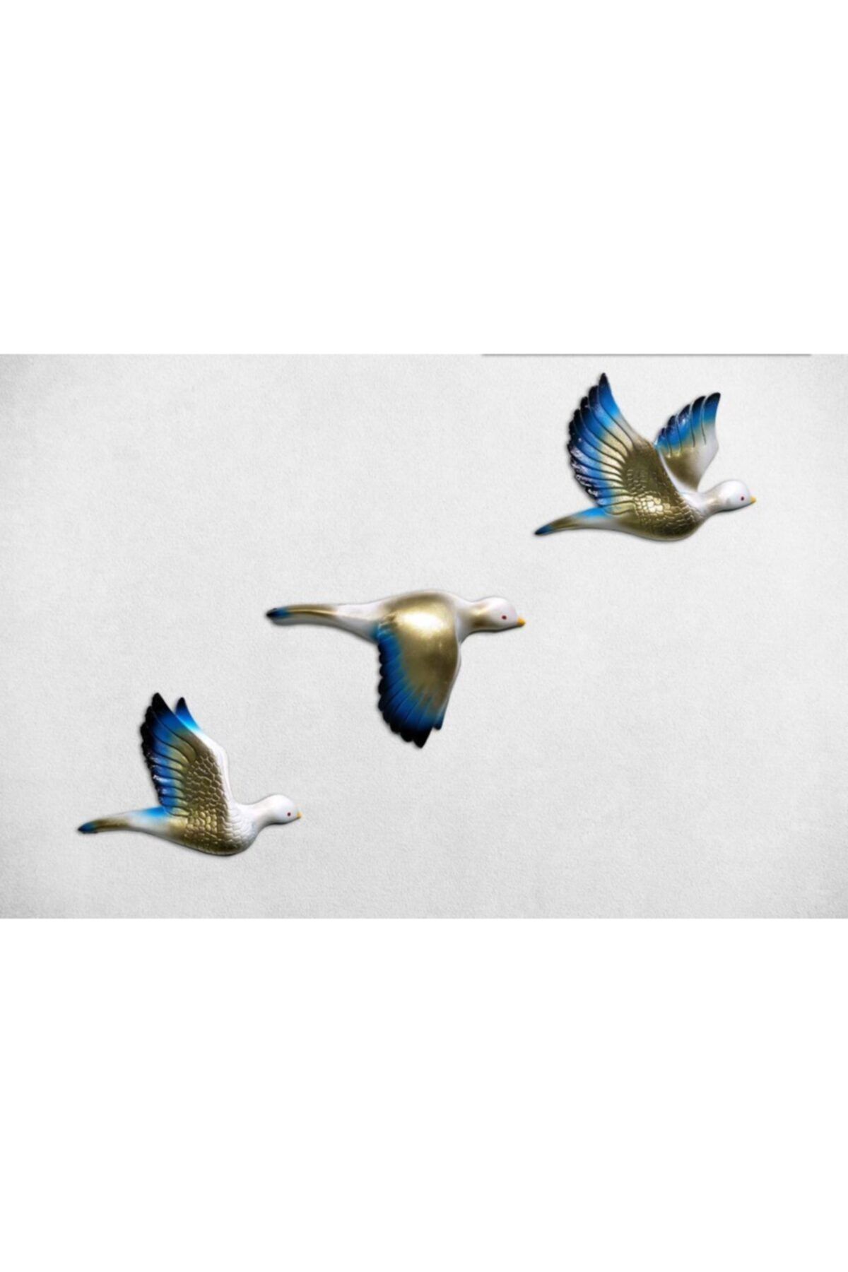 CajuArt Dekoratif Altın Mavi Renk Üçlü Kumru Kuş Duvar Dekoru Süs