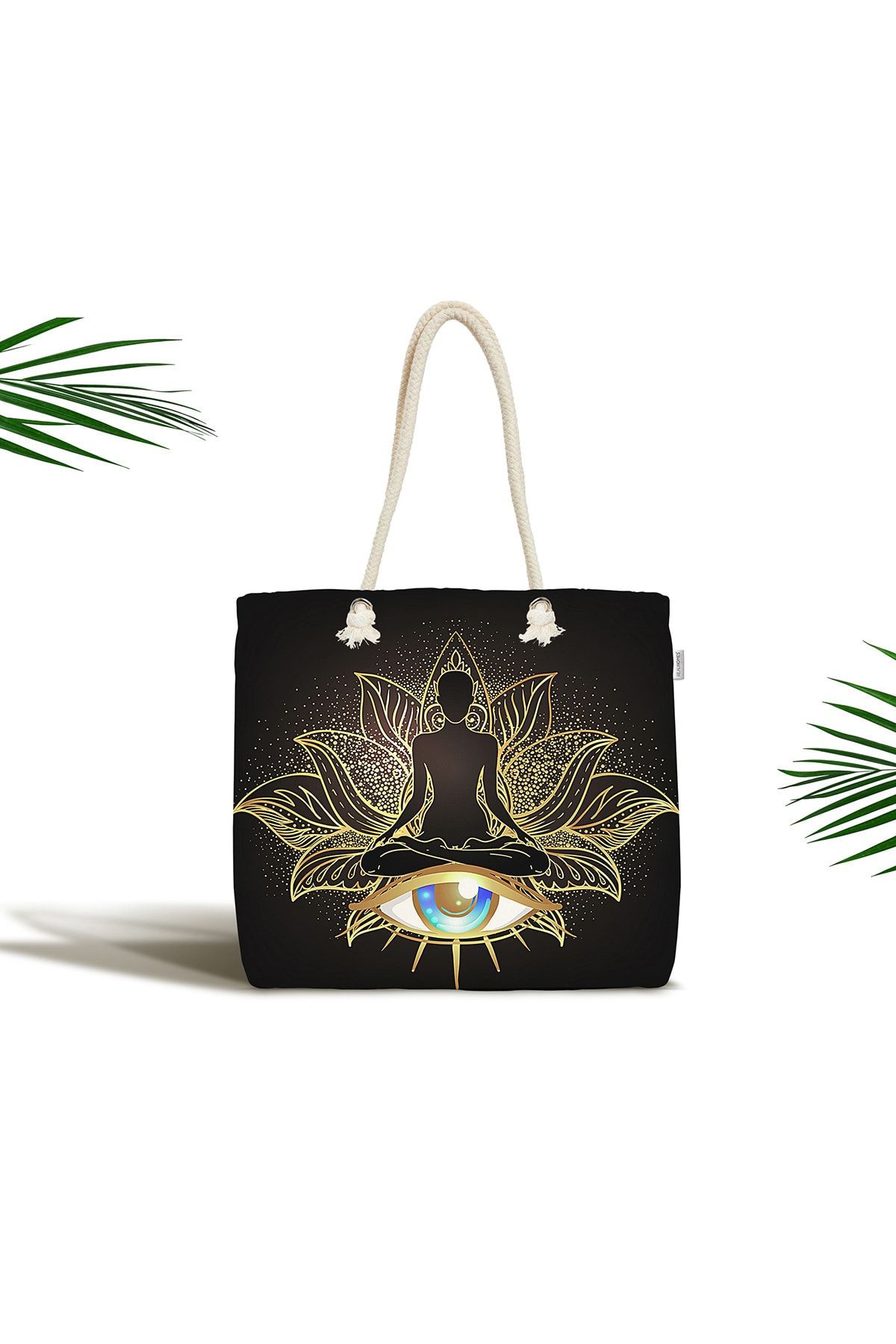 Realhomes Altın Motifli Yoga Ve Mavi Göz Desenli Özel Tasarım Dijital Baskılı Fermuarlı Kumaş Çanta
