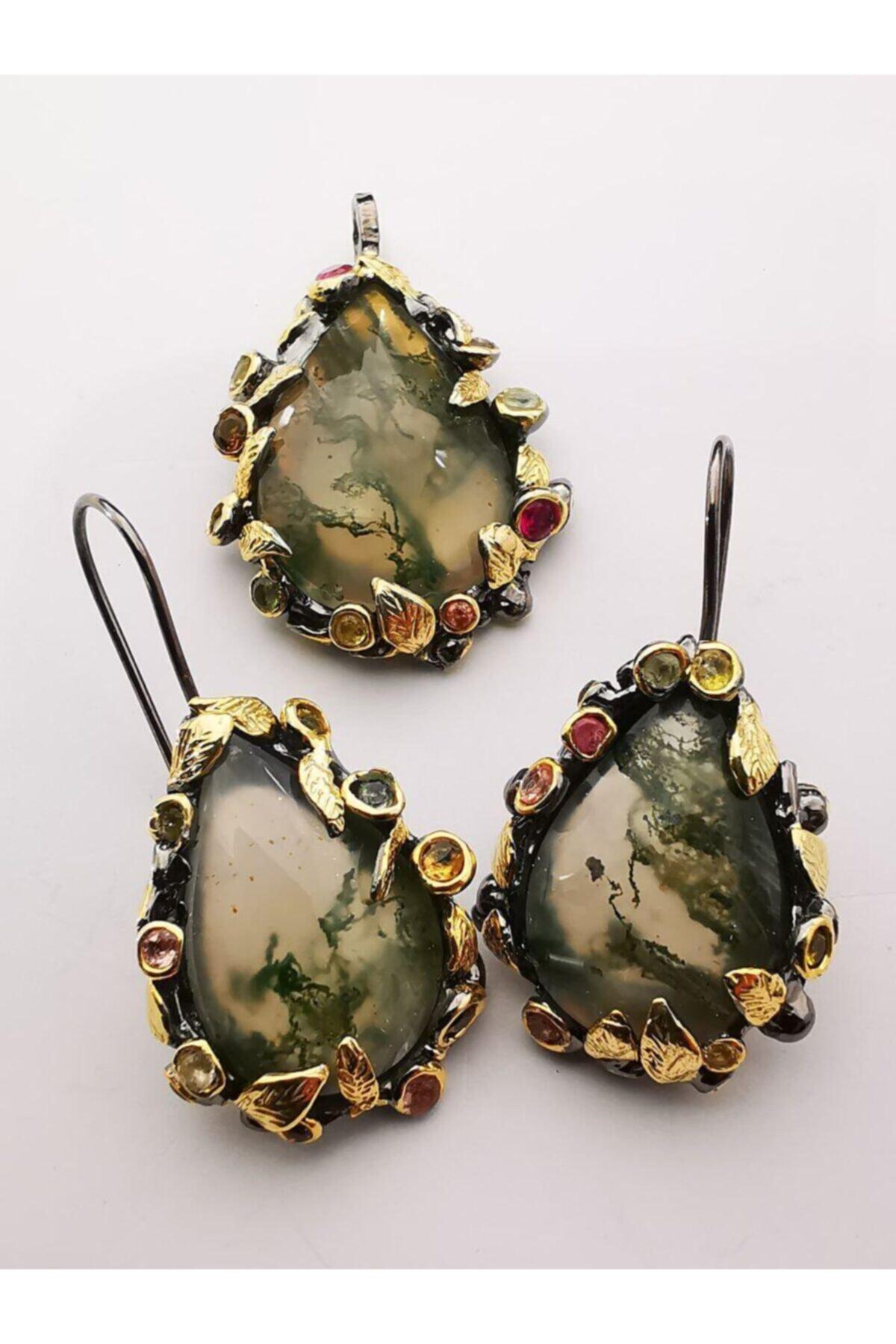 Agate stone Kadın Yosun Akikten Yapılmış Gümüş Kolye Ve