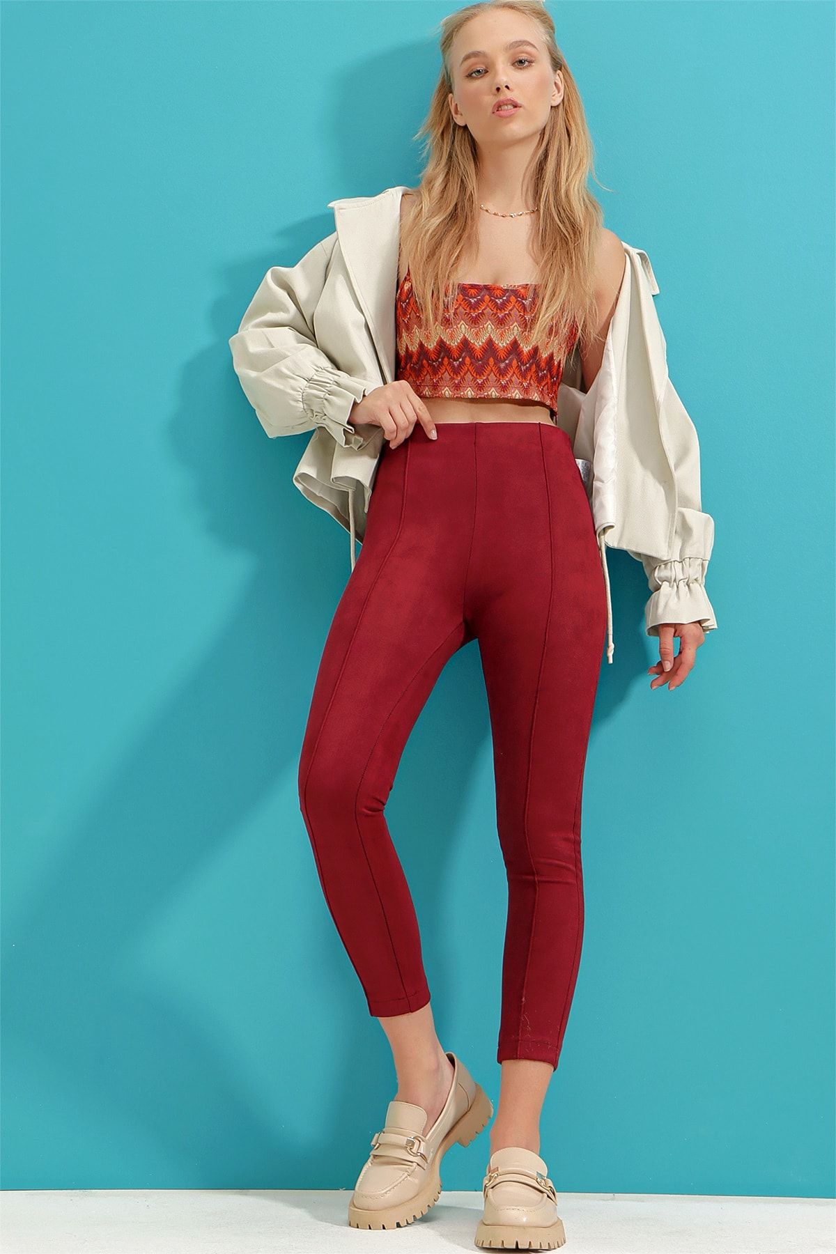 Trend Alaçatı Stili Kadın Vişne Yüksek Bel Önü Dikişli Süet Pantolon ALC-X9260