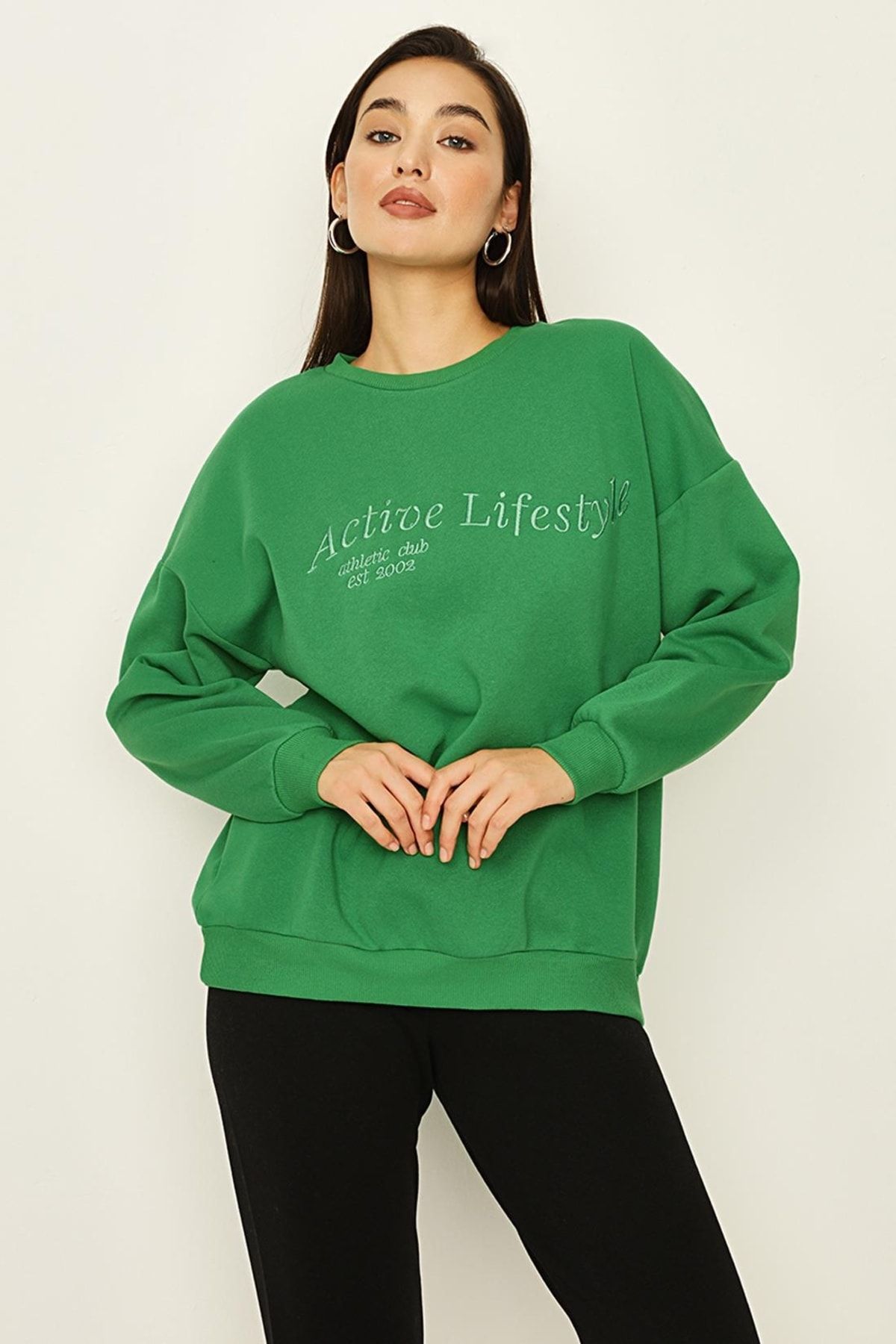Select Moda Kadın Yeşil Yazı Detaylı Basic Örme Sweatshirt