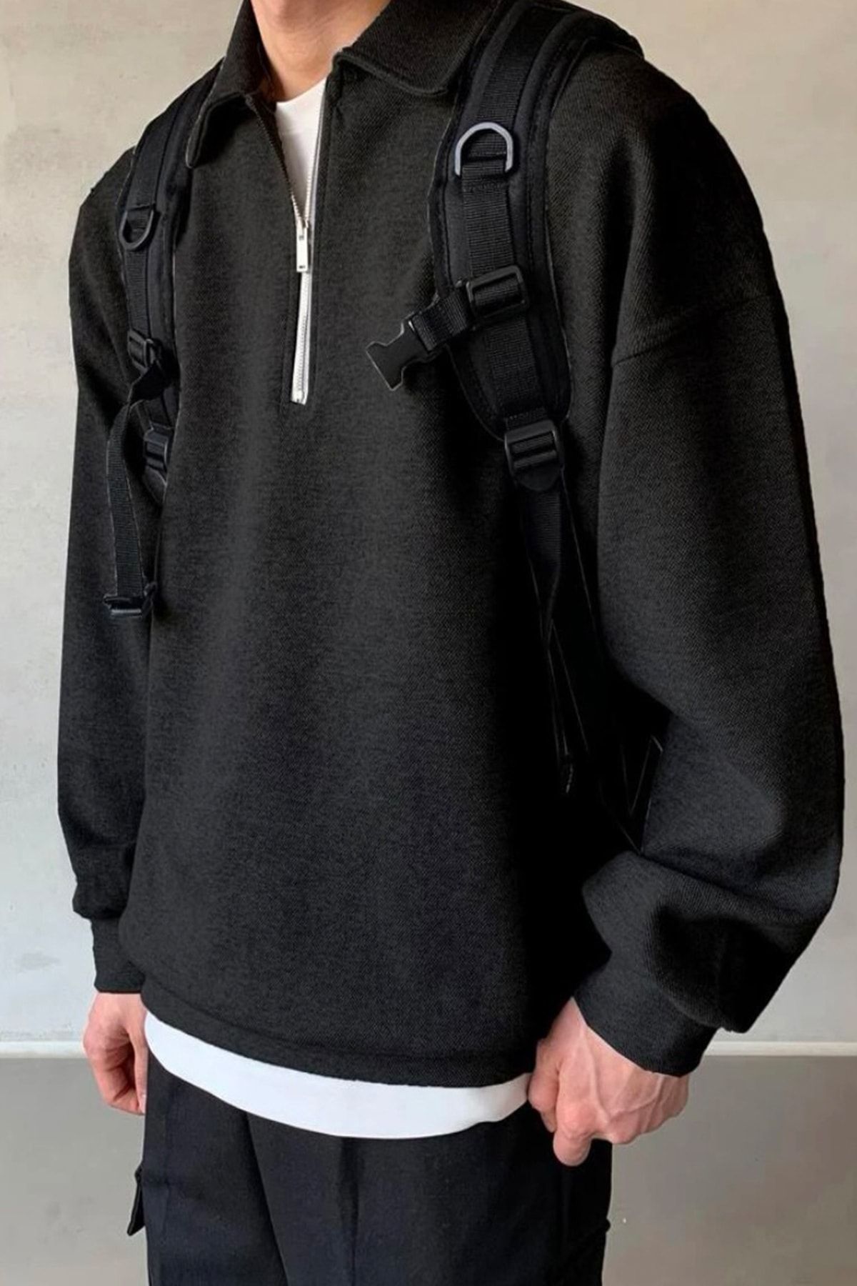 North London Erkek Polo Yaka Siyah Oversize Sweatshirt