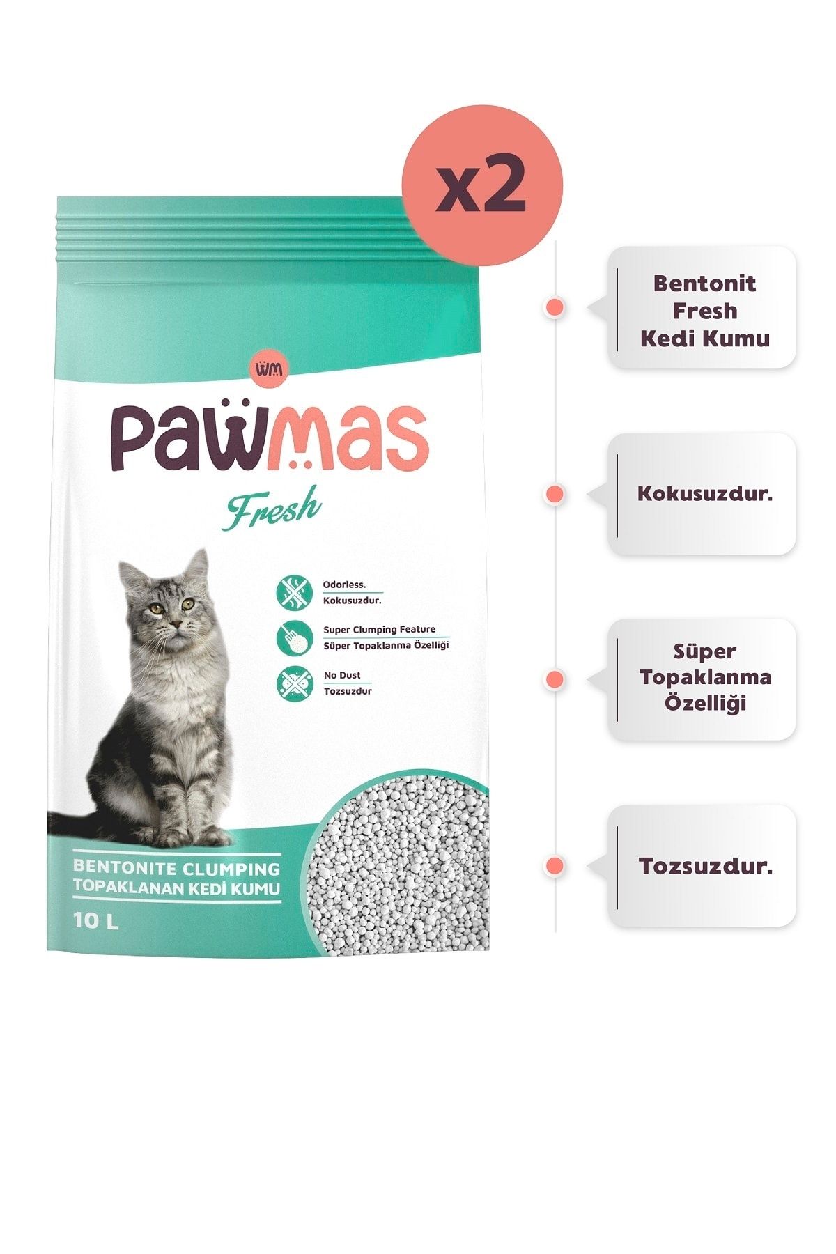 Pawmas Fresh Bentonit Kedi Kumu 10 Lt X 2 Adet