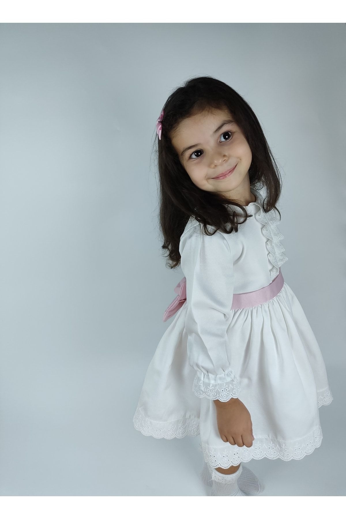 wmını Kız Bebek Uzun Kollu Beyaz Elbise - Kız Çocuk Fiyonklu Doğum Günü Elbisesi