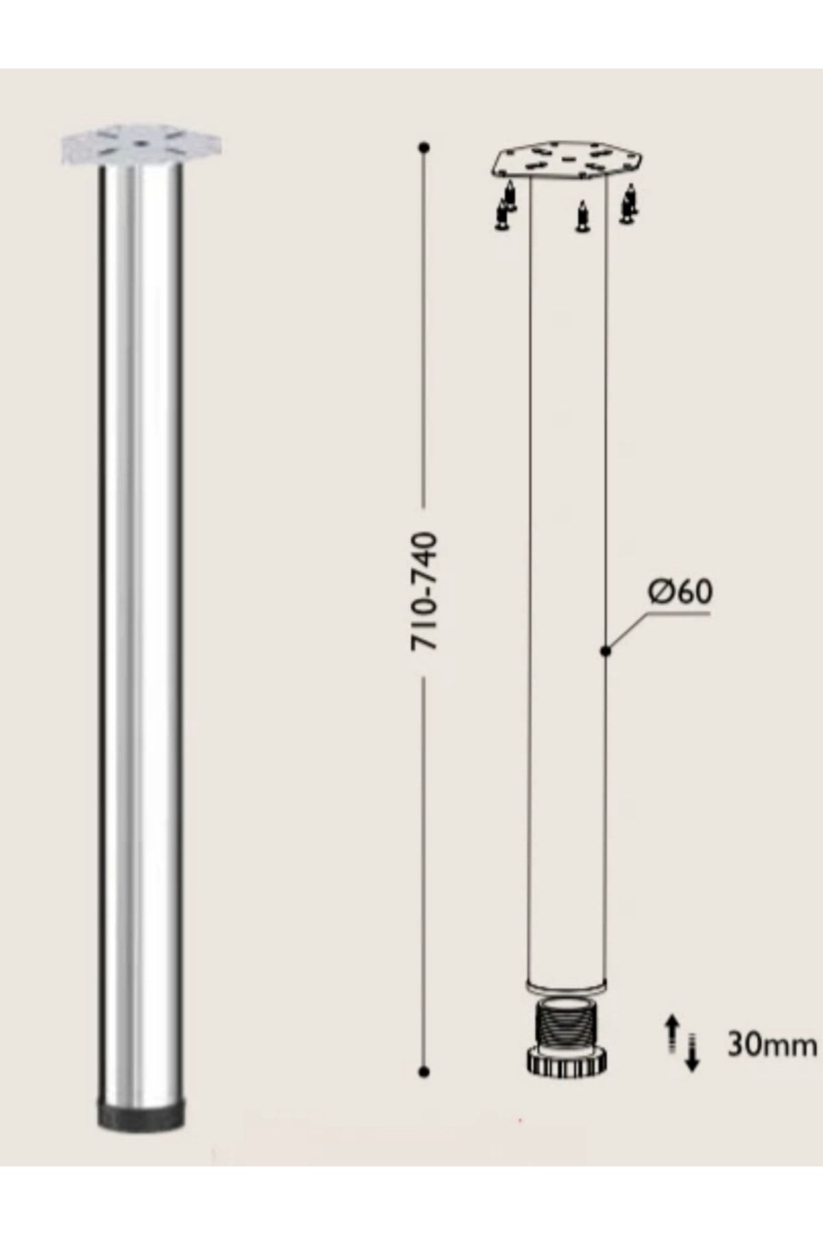 ARON ( 2 Adet ) Lüx Metal Krom Parlak 71-74cm Masa Ayağı Ayarlayabilir Plastik Pıngolu